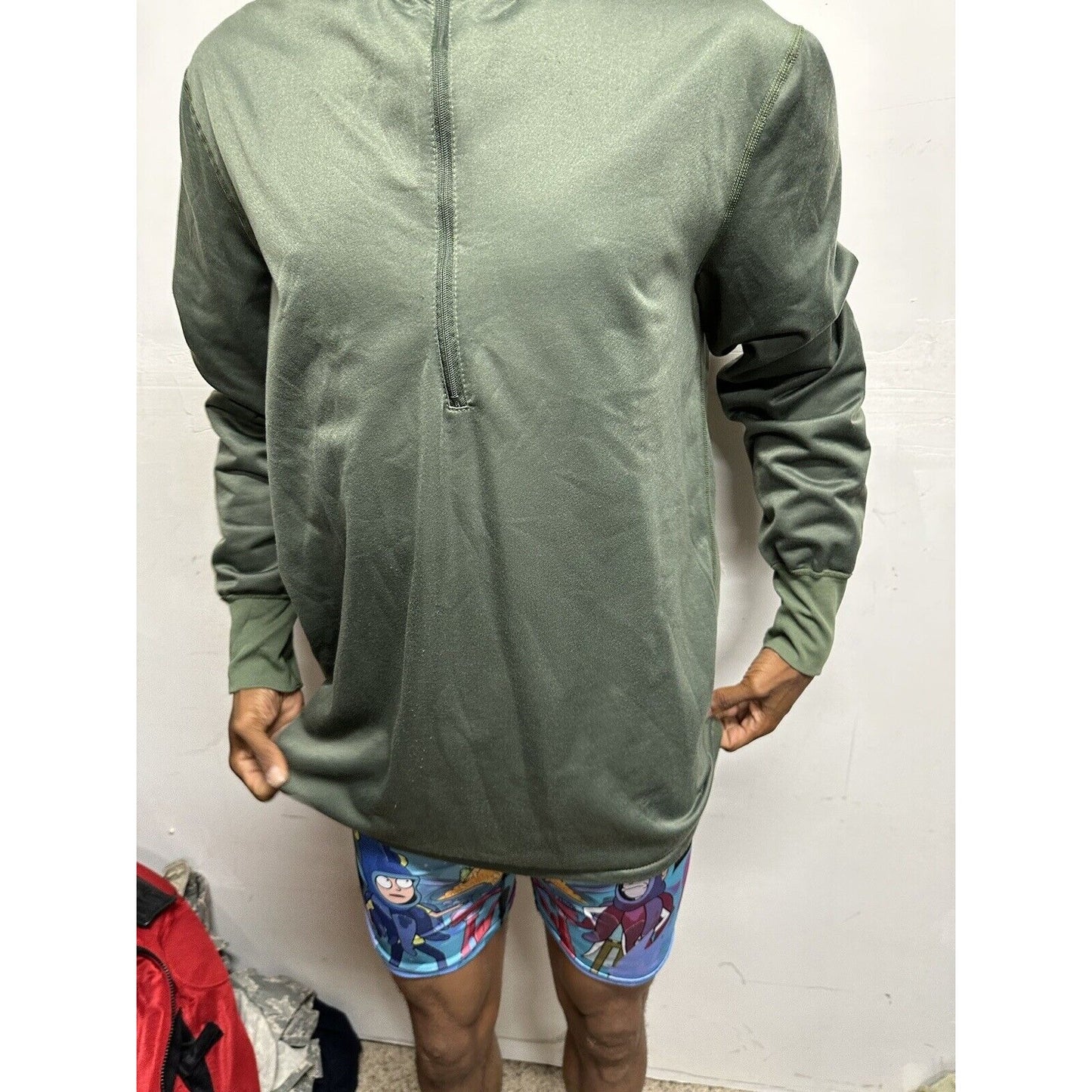 Men’s Green Military Army USAF Large 1/4 Zip Jacket Sleeping Shirt Long Sleeve