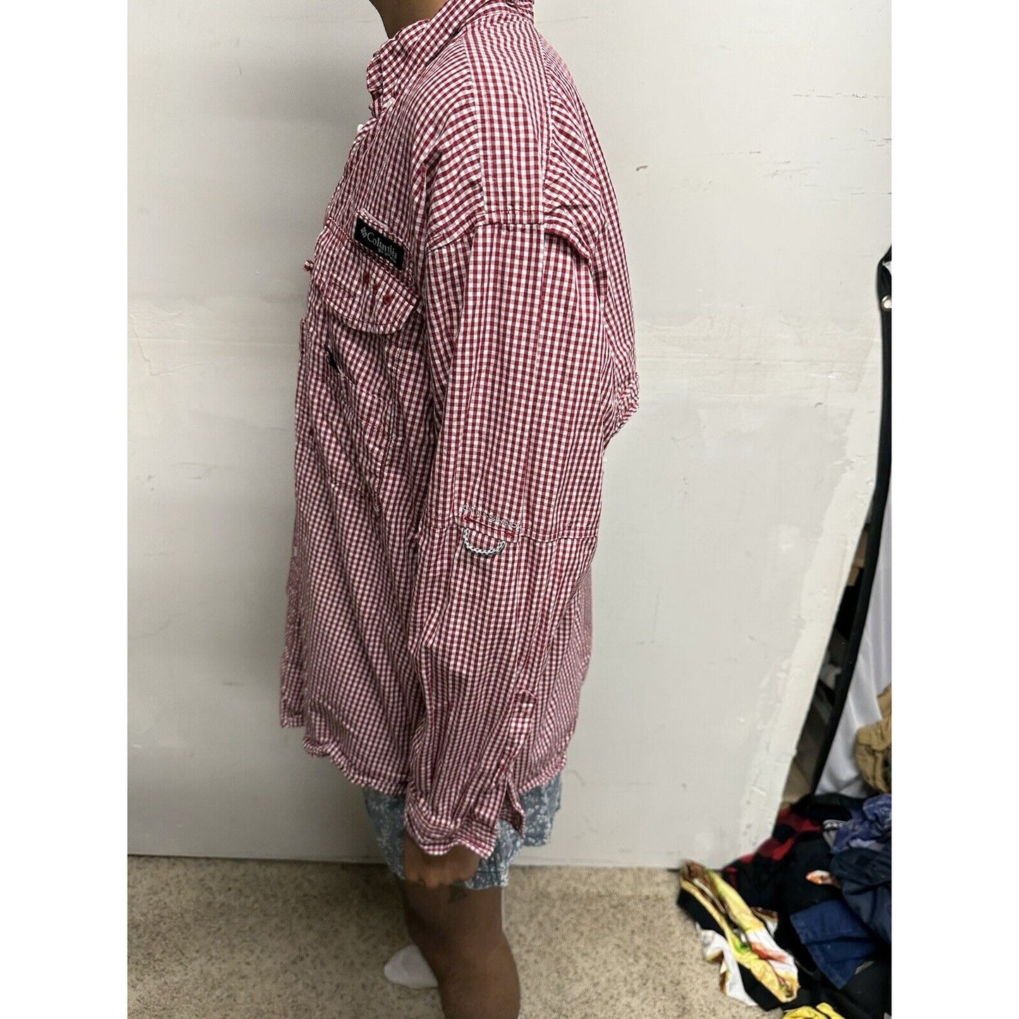 Men’s Red And White Checkered Columbia Super Bonehead Medium Gamecocks Shirt