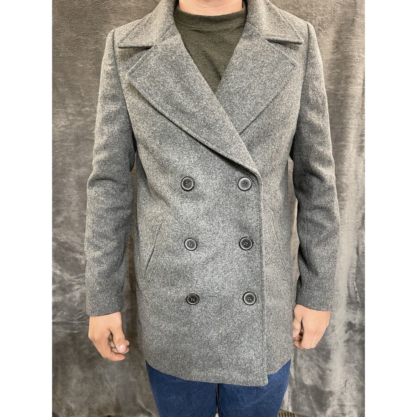 men's small gray old navy overcoat wool poly blend