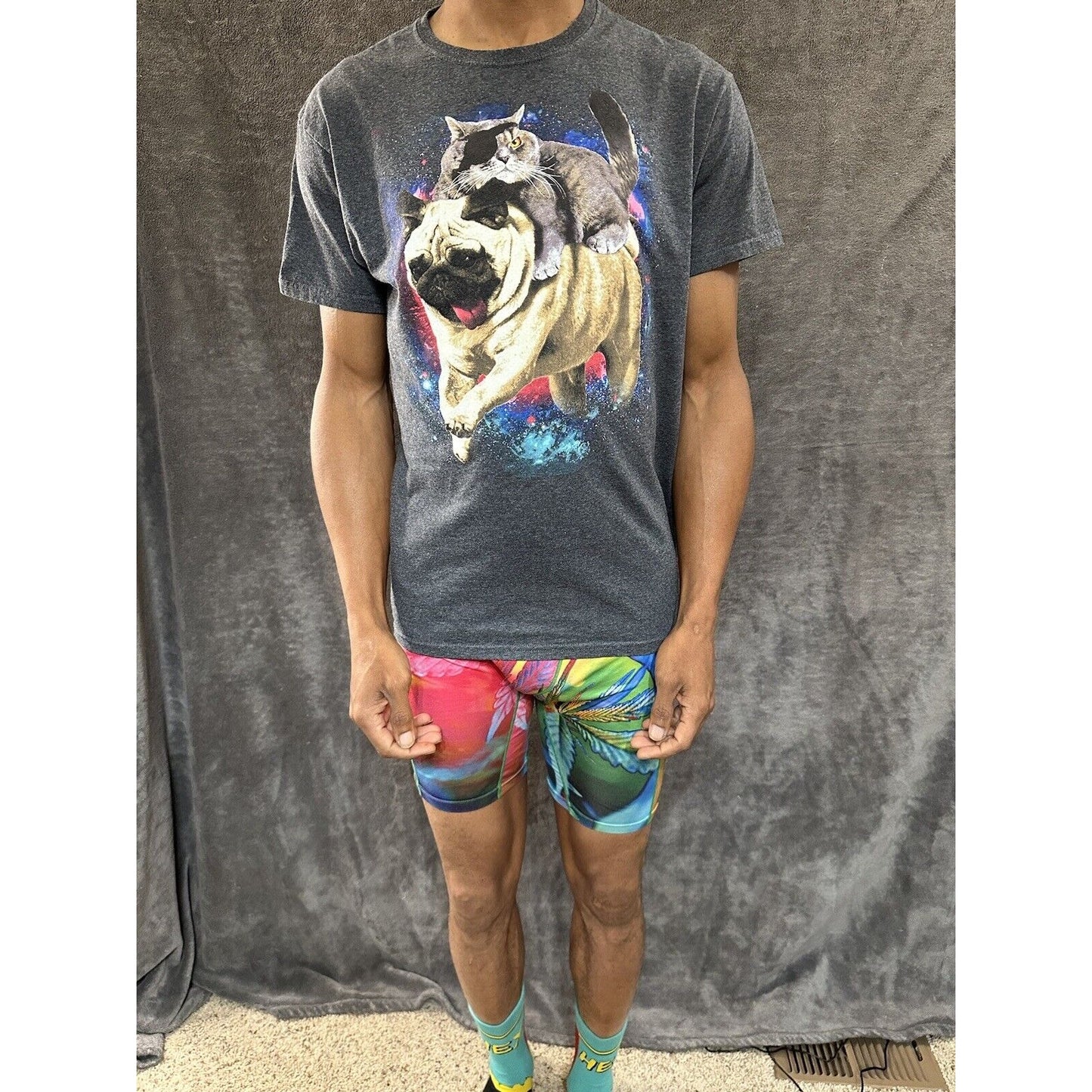 Men’s Gray Fifthsun Medium Tshirt Pug And Pirate Cat In Space