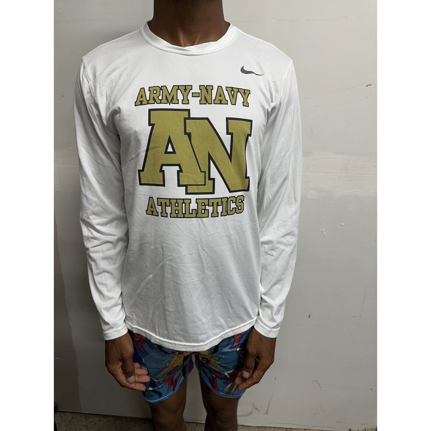 Men’s Long Sleeve Nike Tee Medium White Army-navy Athletics Dri Fit Shirt