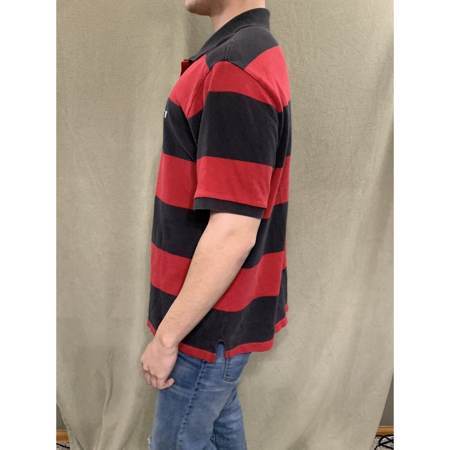 Mens American Eagle Logo Red & Black Striped Polo Short Sleeve Shirt Large