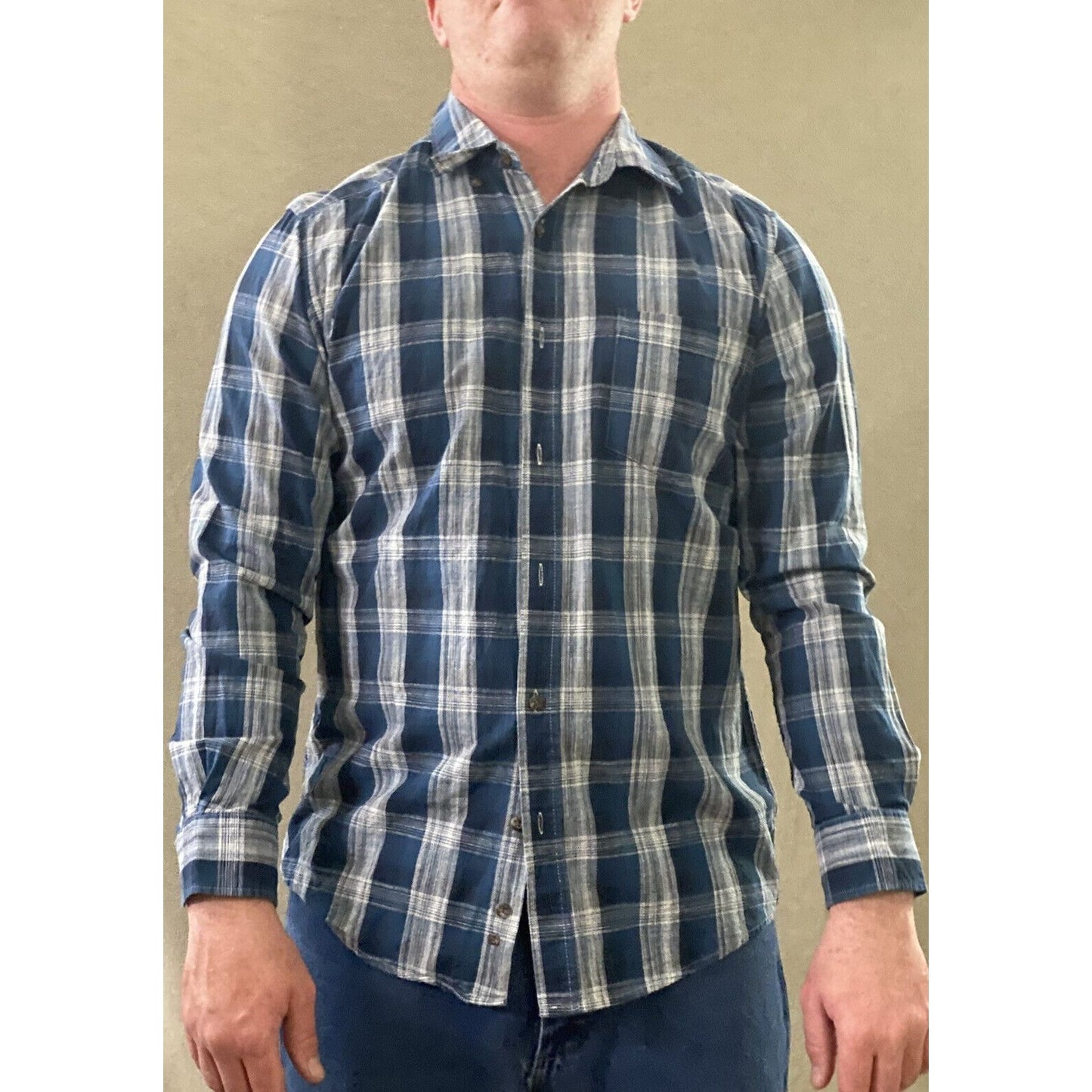 Faded Glory Men’s Medium Cobalt Blue White Plaid Button-down Cotton Long Sleeves