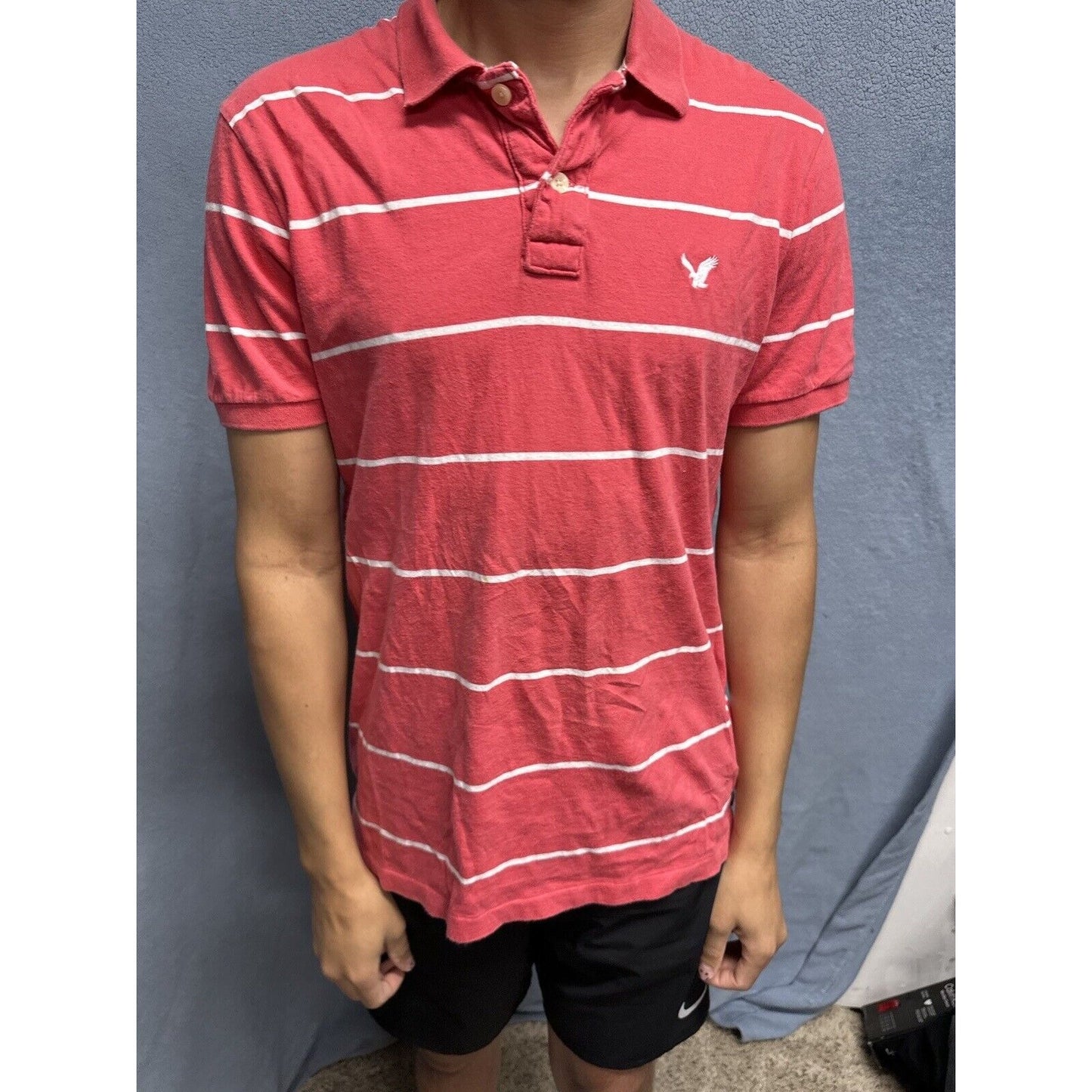 Salmon Pink Men’s Striped American Eagle Vintage Fit Large Polo Shirt