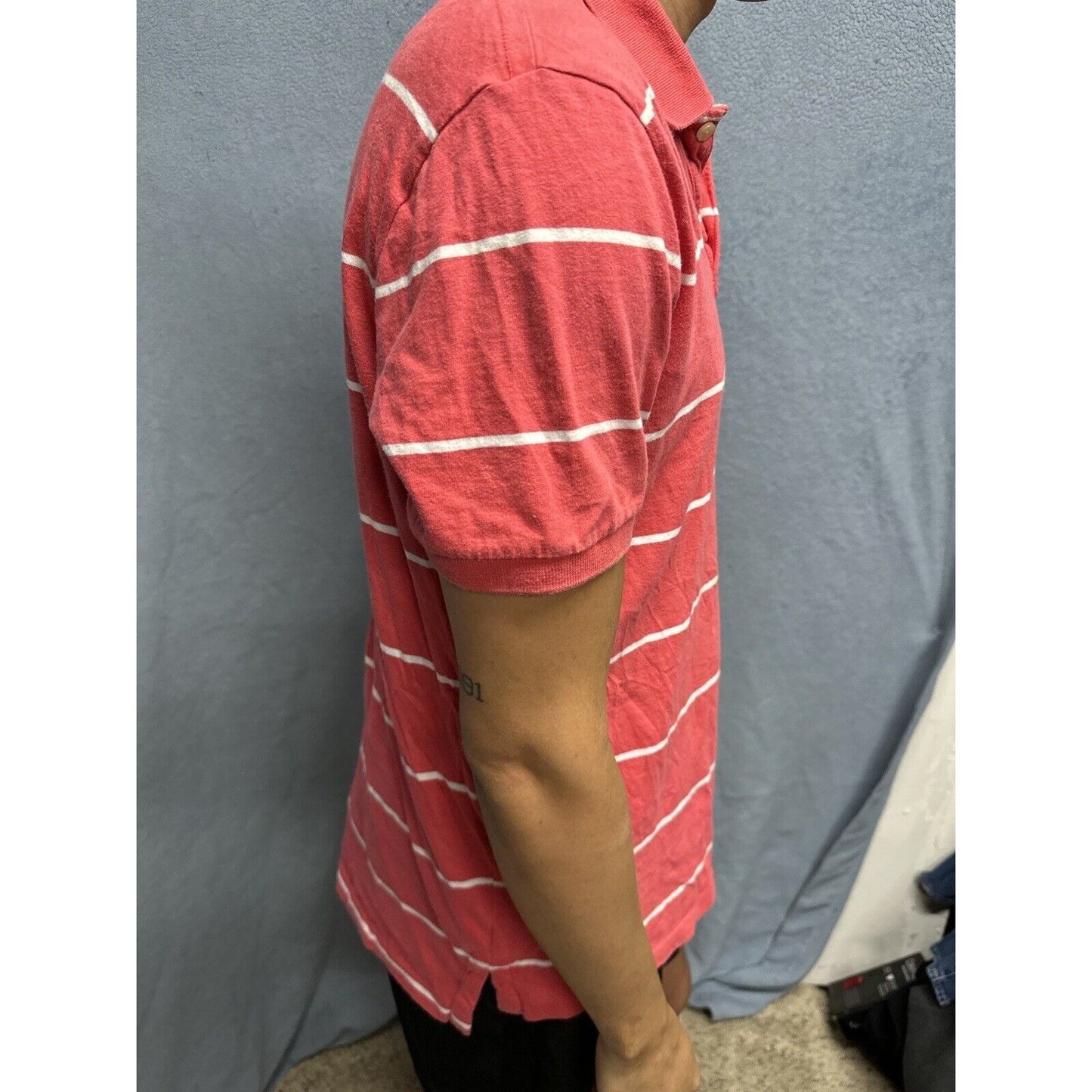 Salmon Pink Men’s Striped American Eagle Vintage Fit Large Polo Shirt