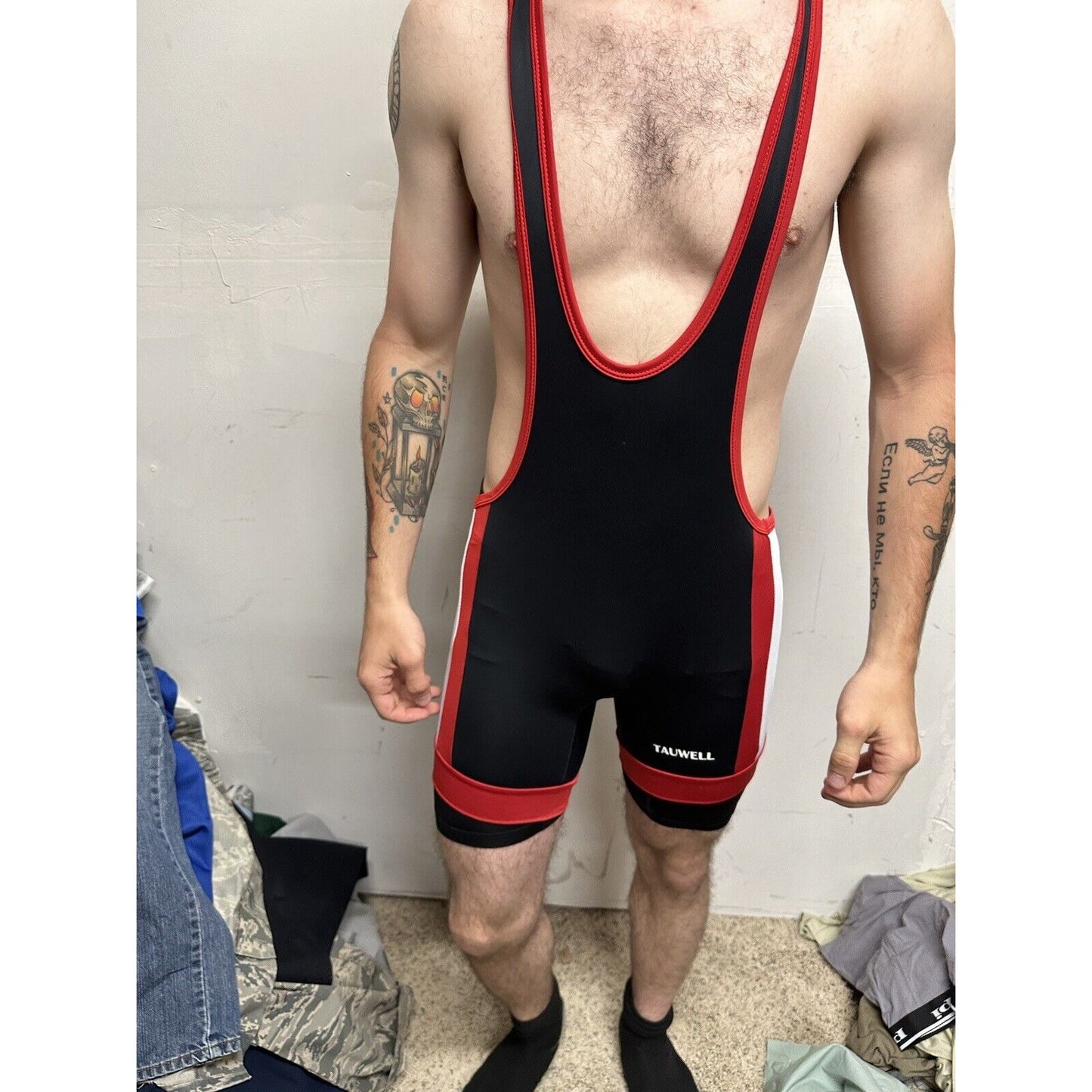Men’s Tauwell Wrestling Singlet Black And Red With White Large