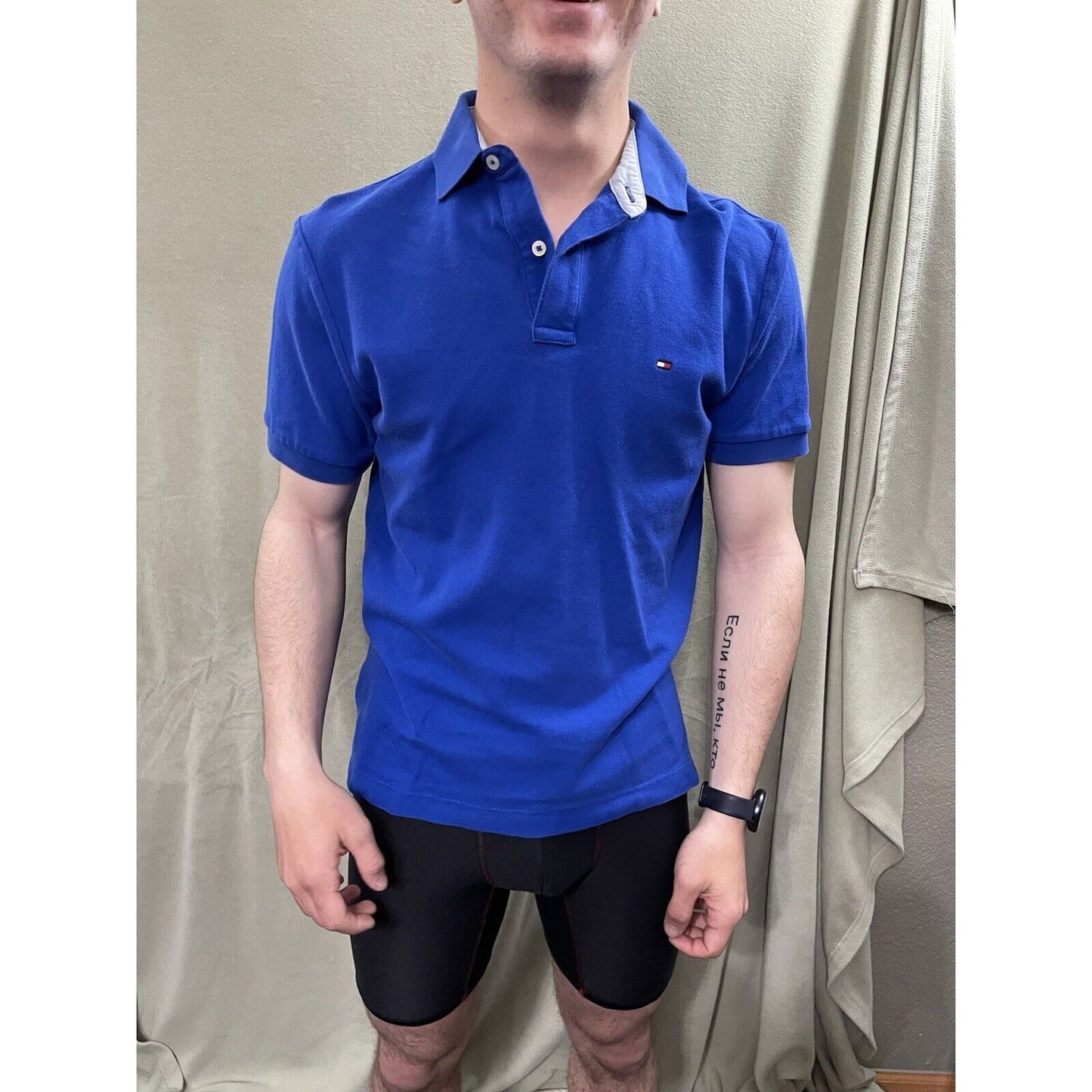 Tommy Hilfiger Polo Royal Blue Classic Flag Logo Small Short Sleeve Fitted Mens