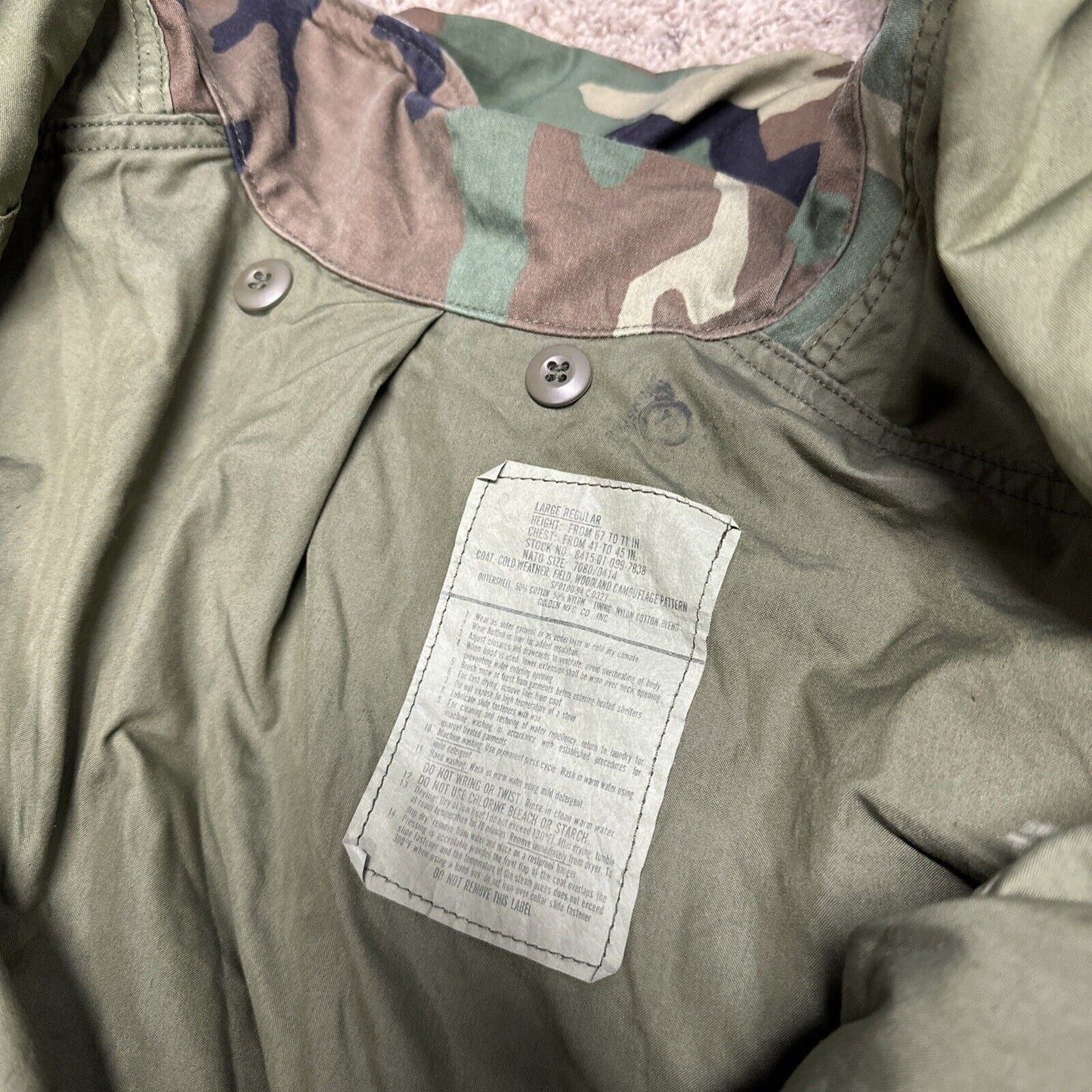 Men’s Large Regular Vintage BDU Uniform Cold Weather Field Jacket Woodland Camo