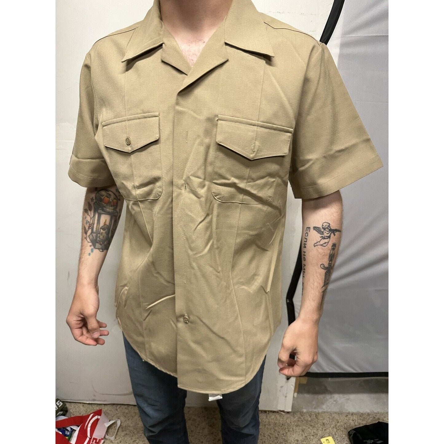 Men’s Military Usmc Flying Cross Large Button Up Uniform Khaki Shirt