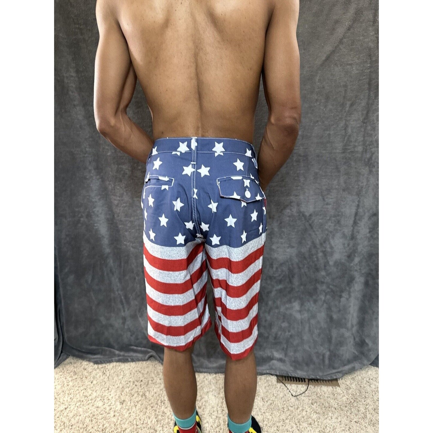 Men’s Palmwave Size 34 Patriotic Board Shorts Poly Spandex 4 Way Stretch