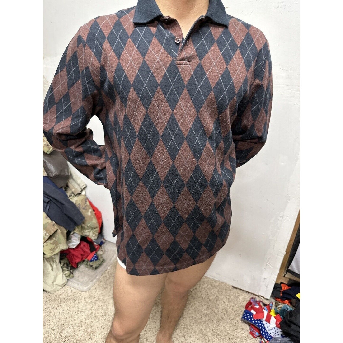 Men’s Vanheusen Medium Brick Red Black Long Sleeve Polo Shirt