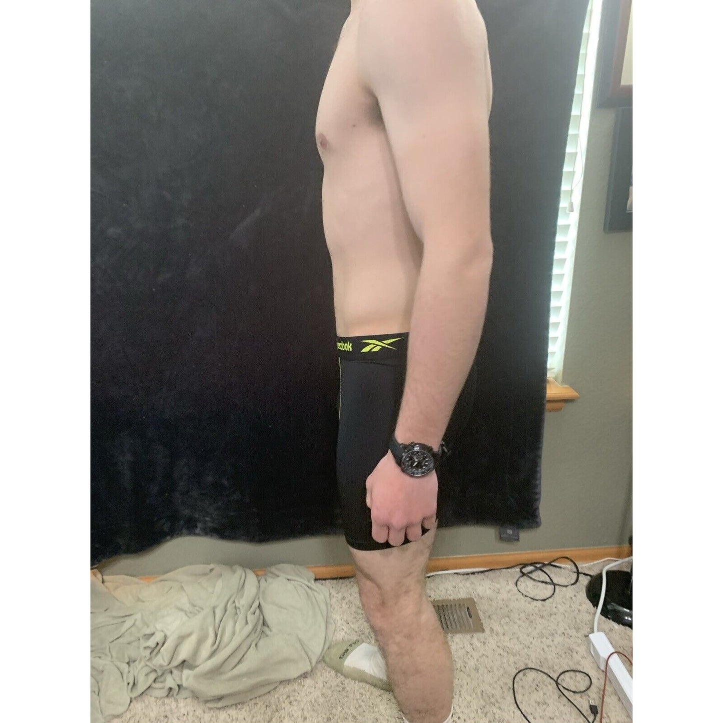 Men’s Reebox Black Compression Shorts Medium 10% Spandex With Yellow Band