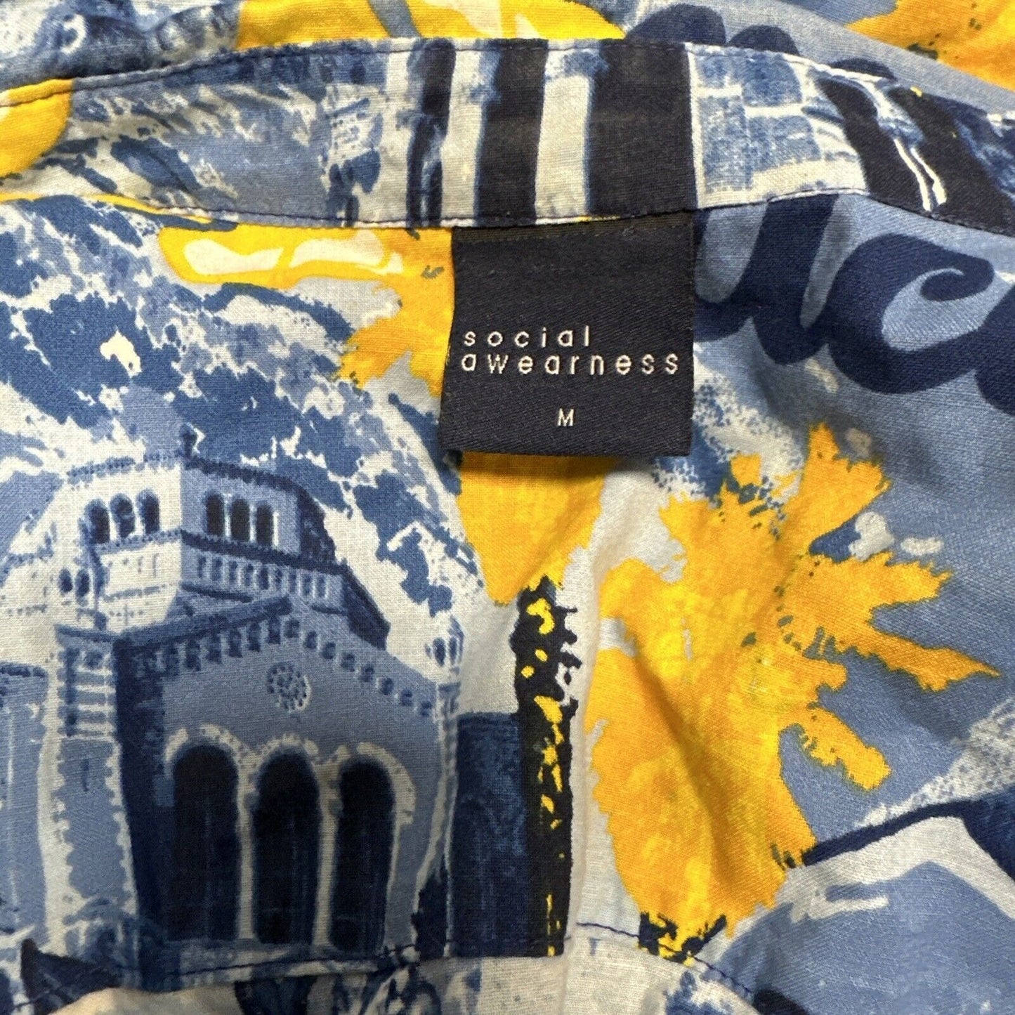 Men’s Medium Social Awearness Blue Yellow UCLA Button Up Shirt Short Sleeve