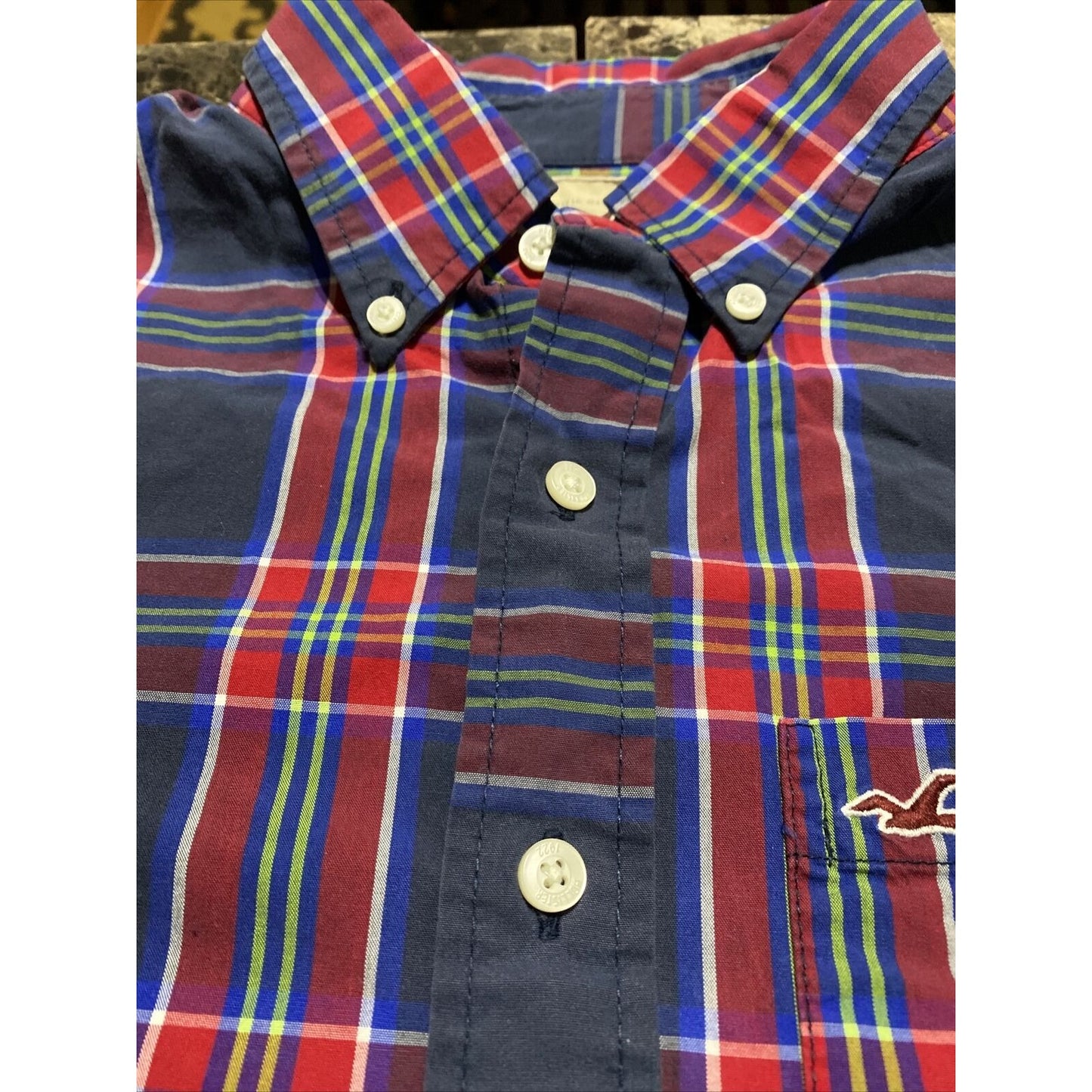 Hollister Men’s Large Blue Red Plaid Cotton Button-down Long Sleeves