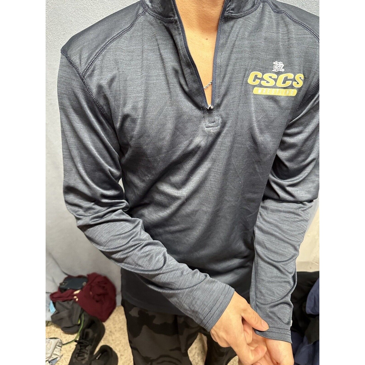 Men’s Gray Navy Blue CSCS Wrestling BSN Sports Medium Pullover 1/4 Zip