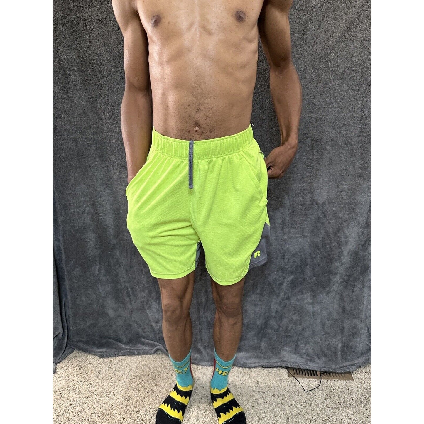 Men’s Neon Yellow Russell Athletic Shorts Zippered Pockets Medium