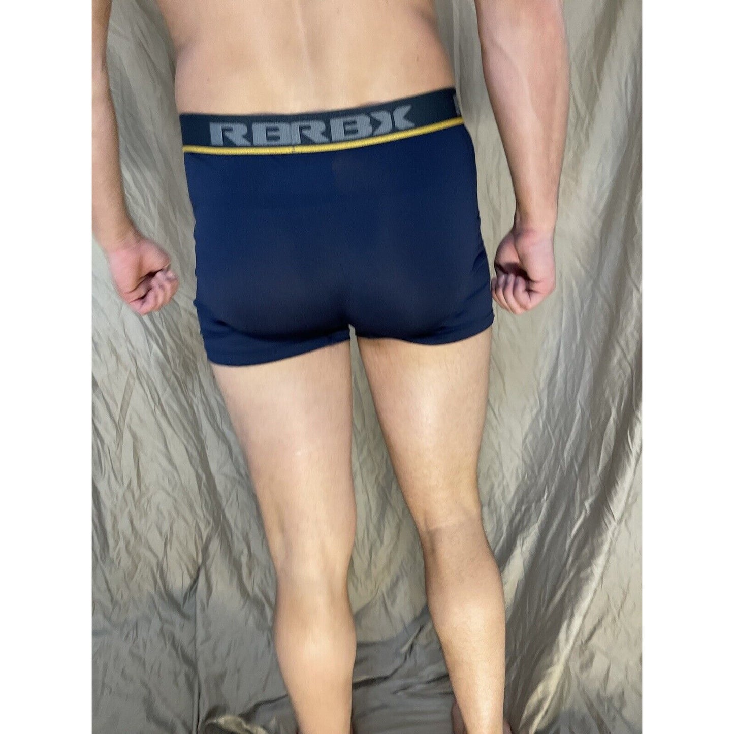 men's blue rbx compression boxer briefs yellow line on band Large
