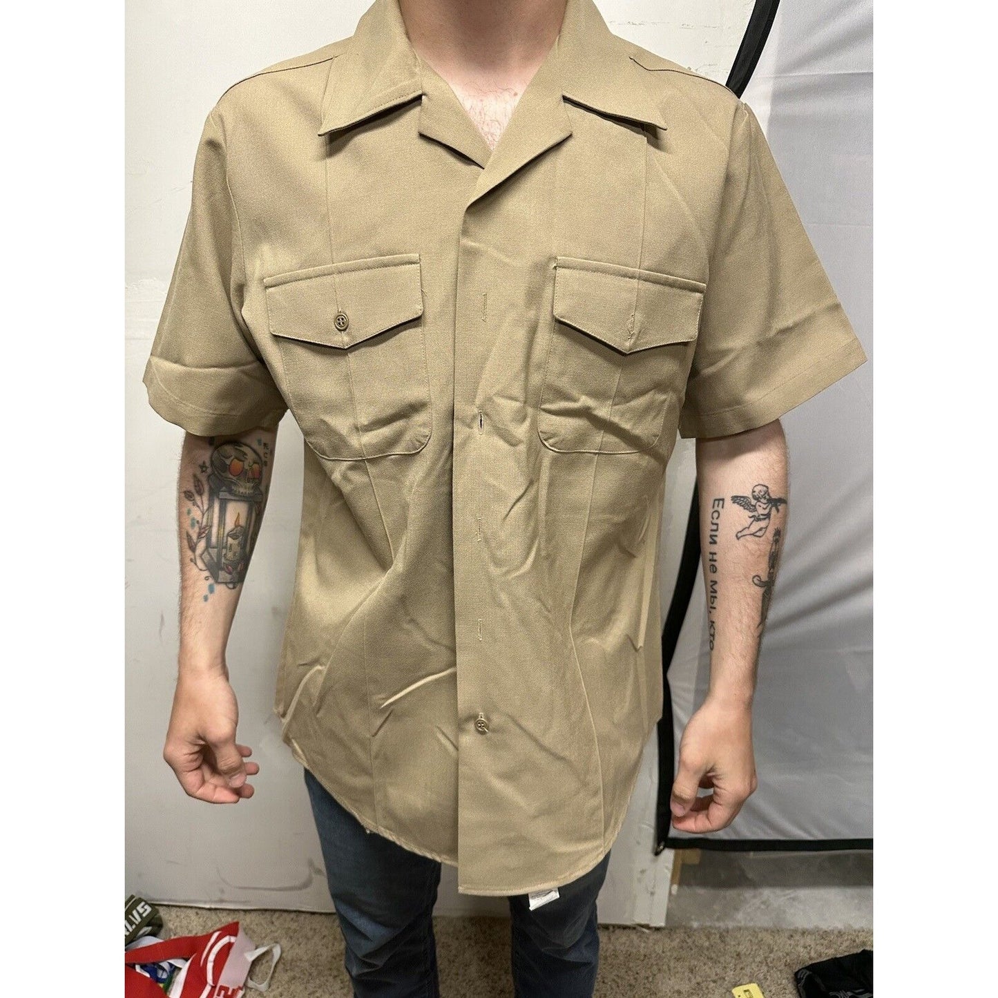 Men’s Military Usmc Flying Cross Large Button Up Uniform Khaki Shirt