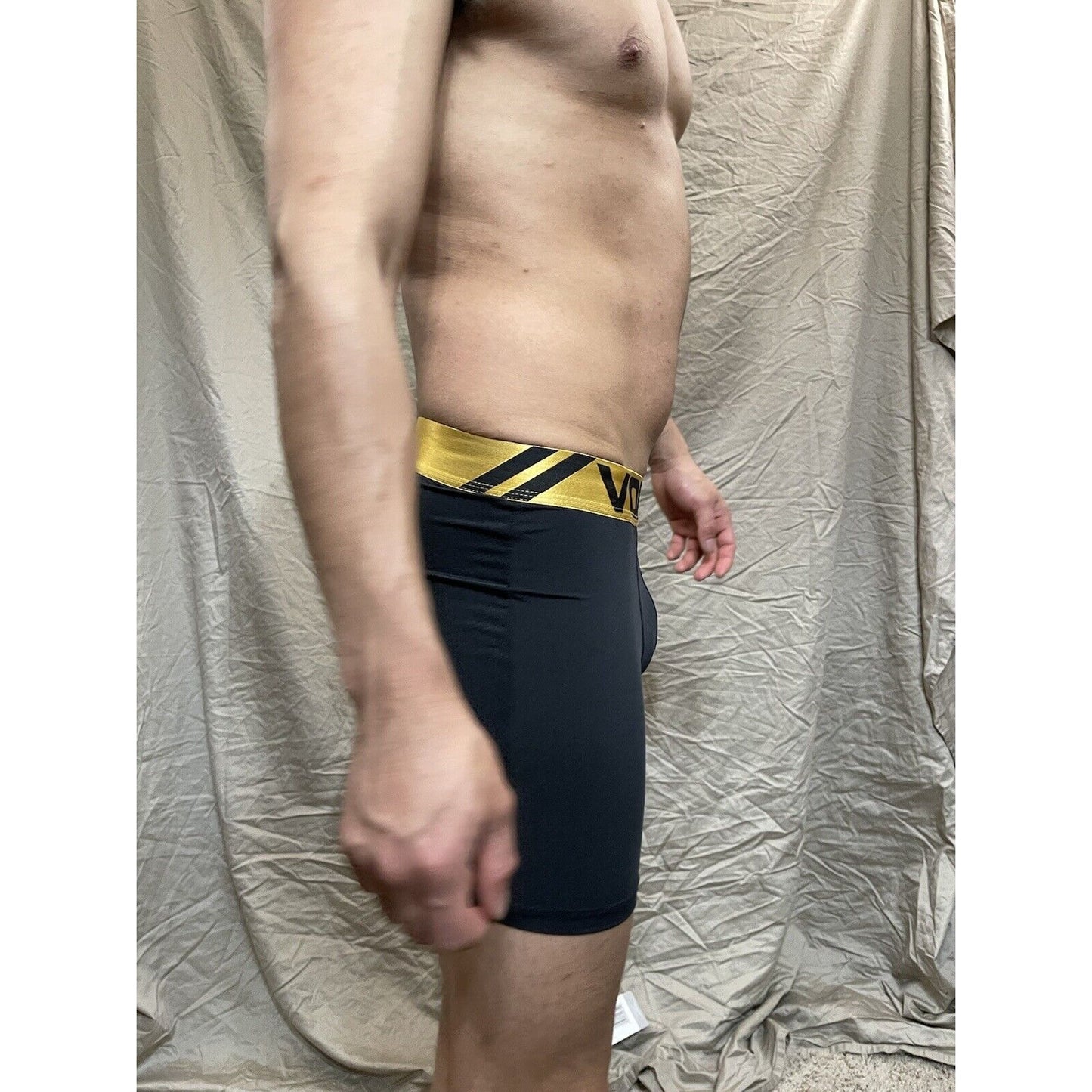 Men's black volcom polyester spandex compression boxer shorts gold band XL