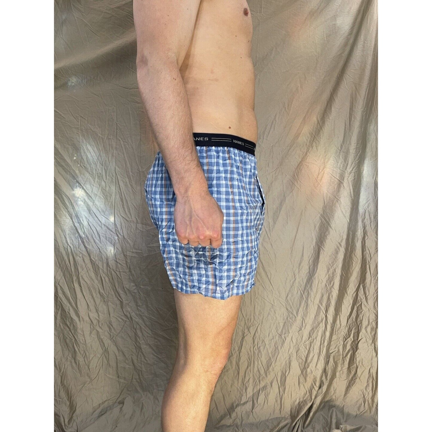 men's hanes blue plaid boxer shorts large confort flex