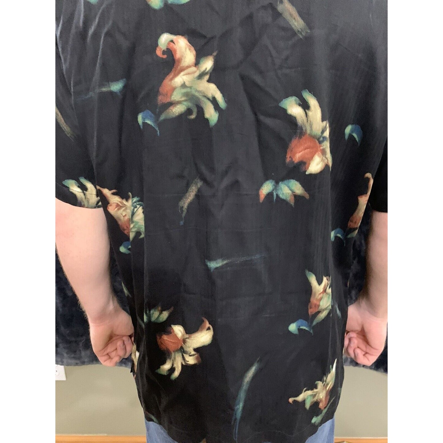 Metro Concepts Mens Medium Button Down Short Sleeve Shirt Black - Leaf Design