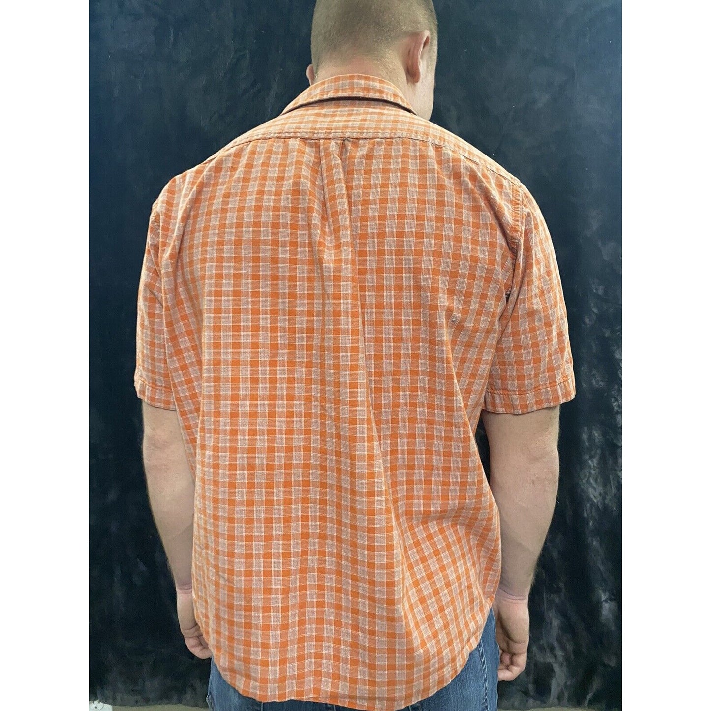 Wrangler Rugged Wear Men's Short Sleeve Shirt Large Orange Plaid Button Down