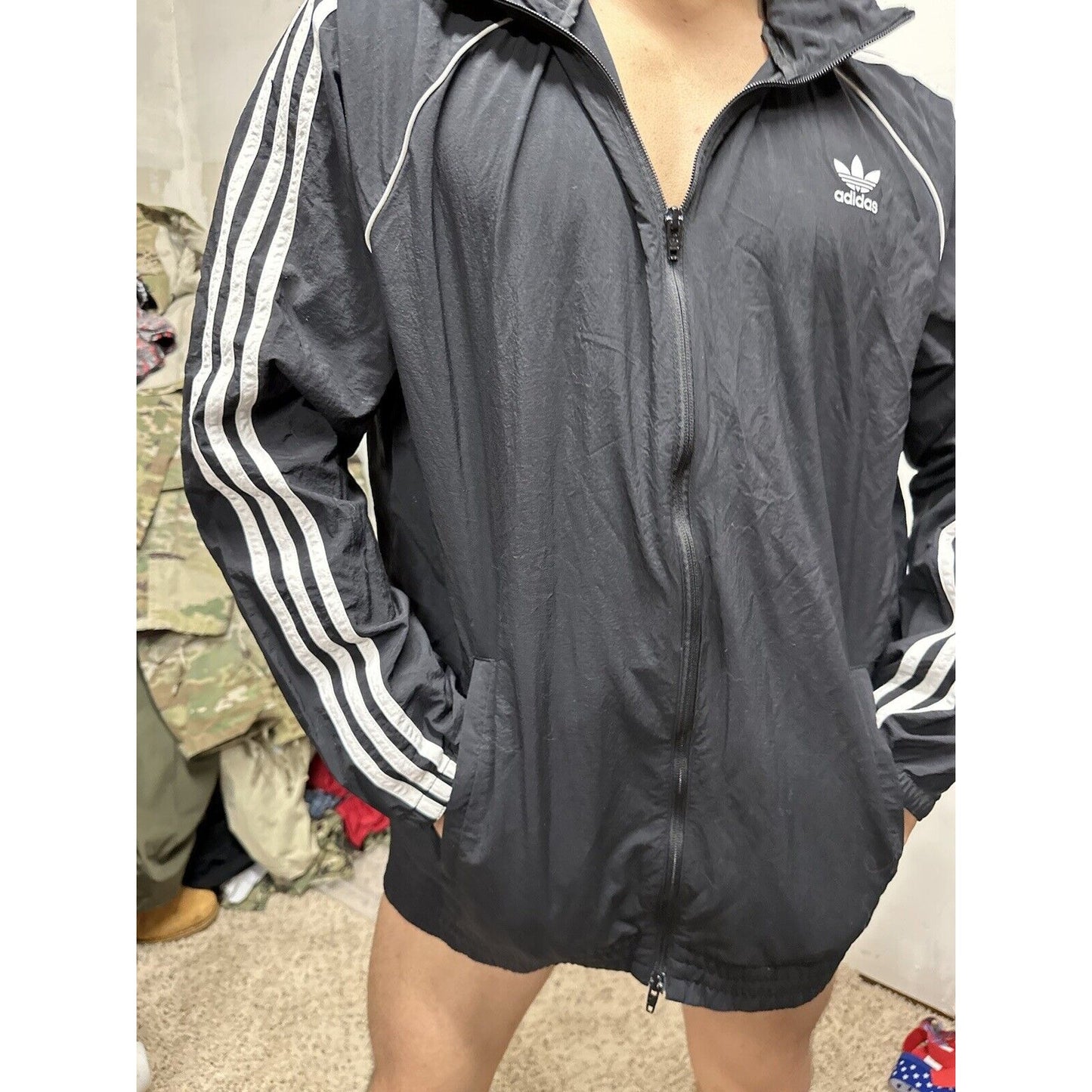 Adidas Men's Full Zip Hoodie Black /White Stripe