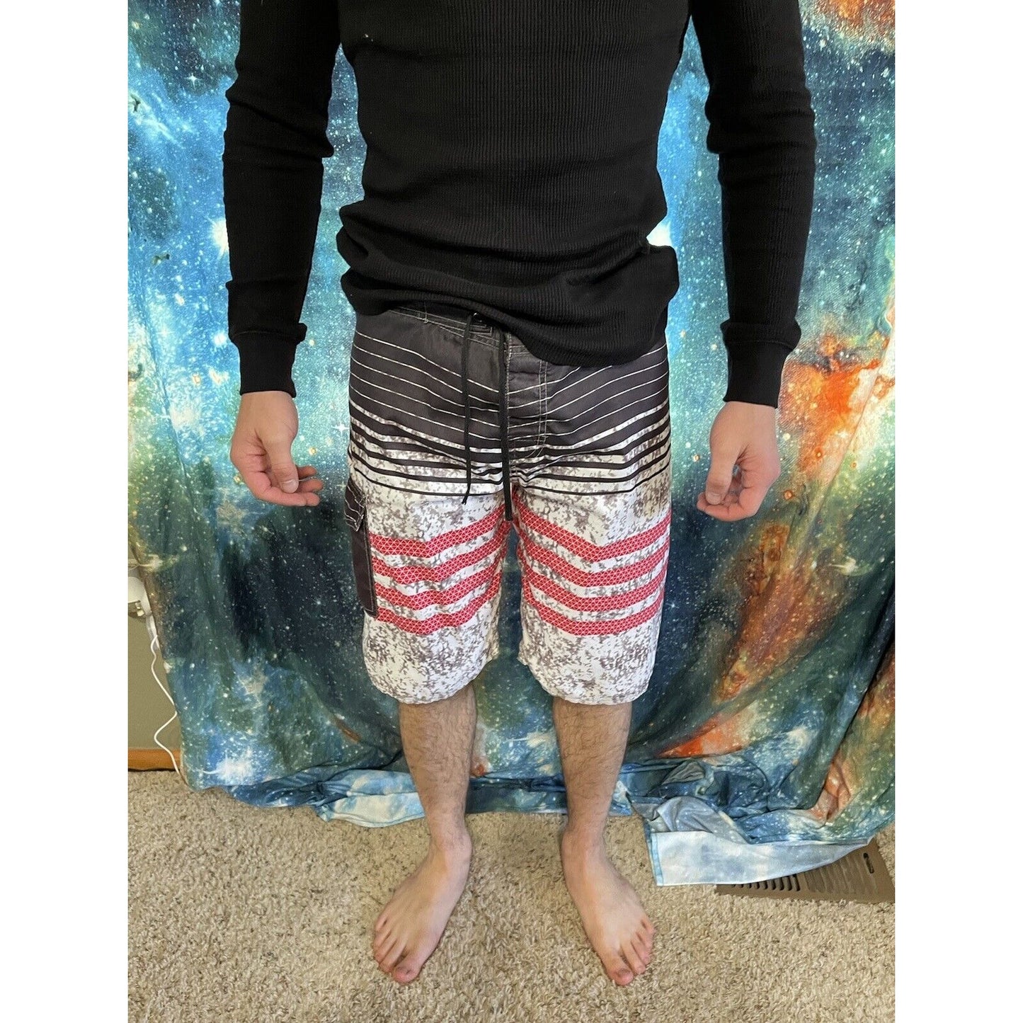 NONWE Mens Board Shorts Sz 30 Black Red Stripes Swim trunks