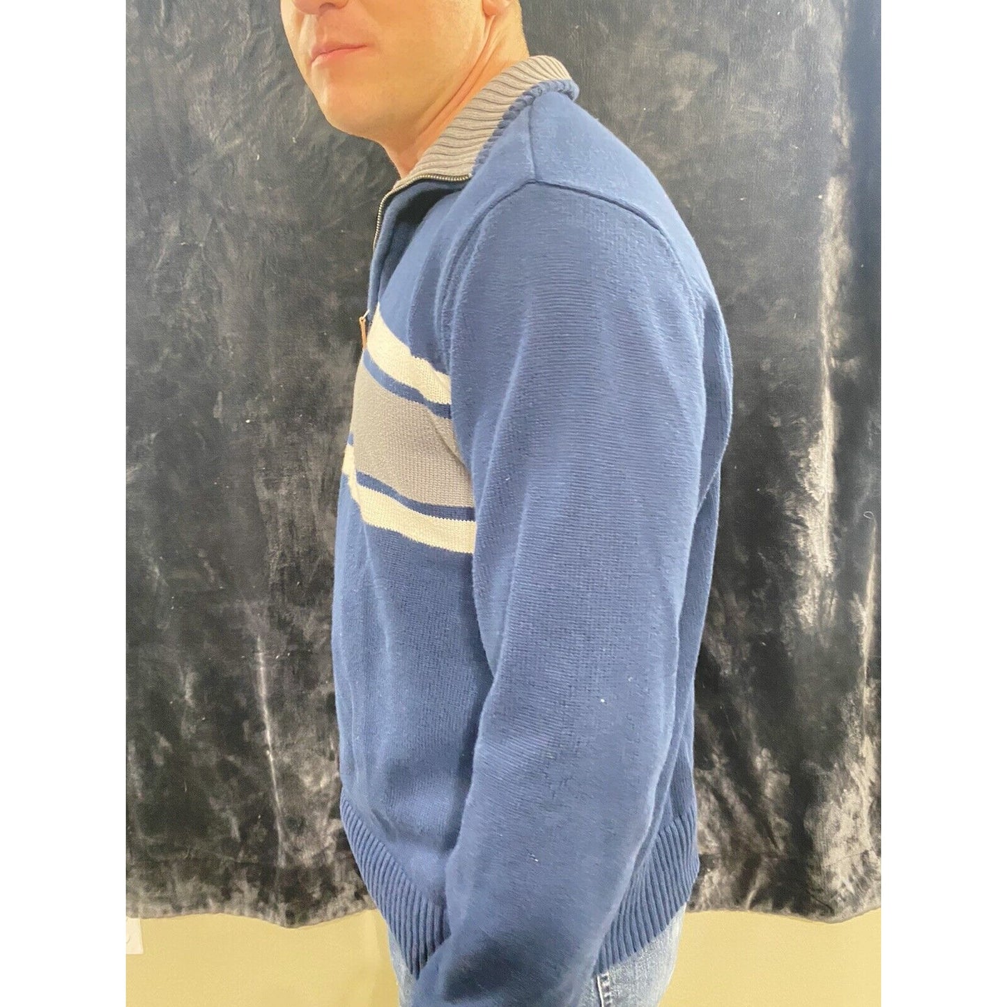 Eddie Bauer Men’s Large Navy Blue with Gray Band 1/4 Zip Pullover Sweater