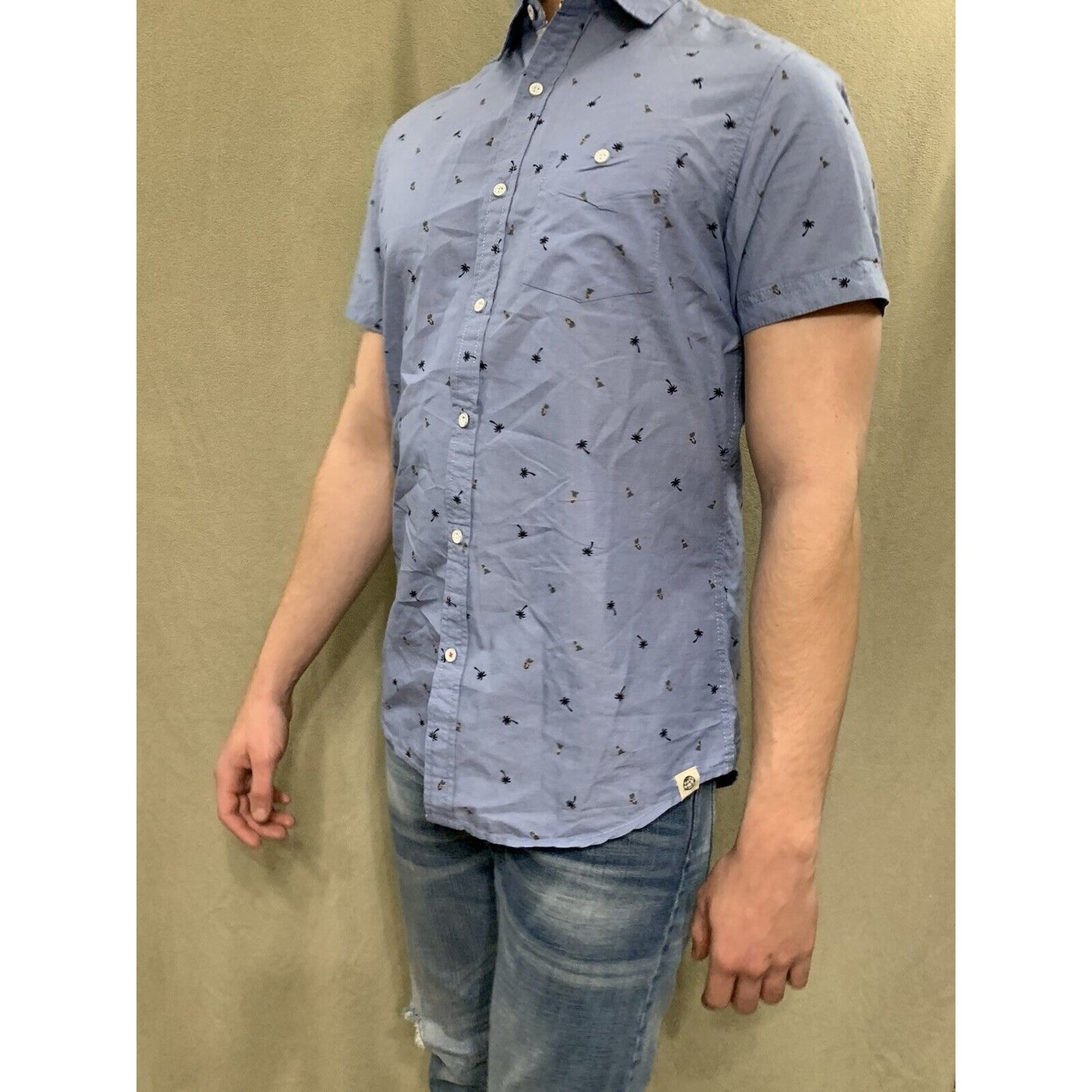 Free Planet Button Down Shirt Mens Small Palm Trees Aloha Hula Hawaiian Blue
