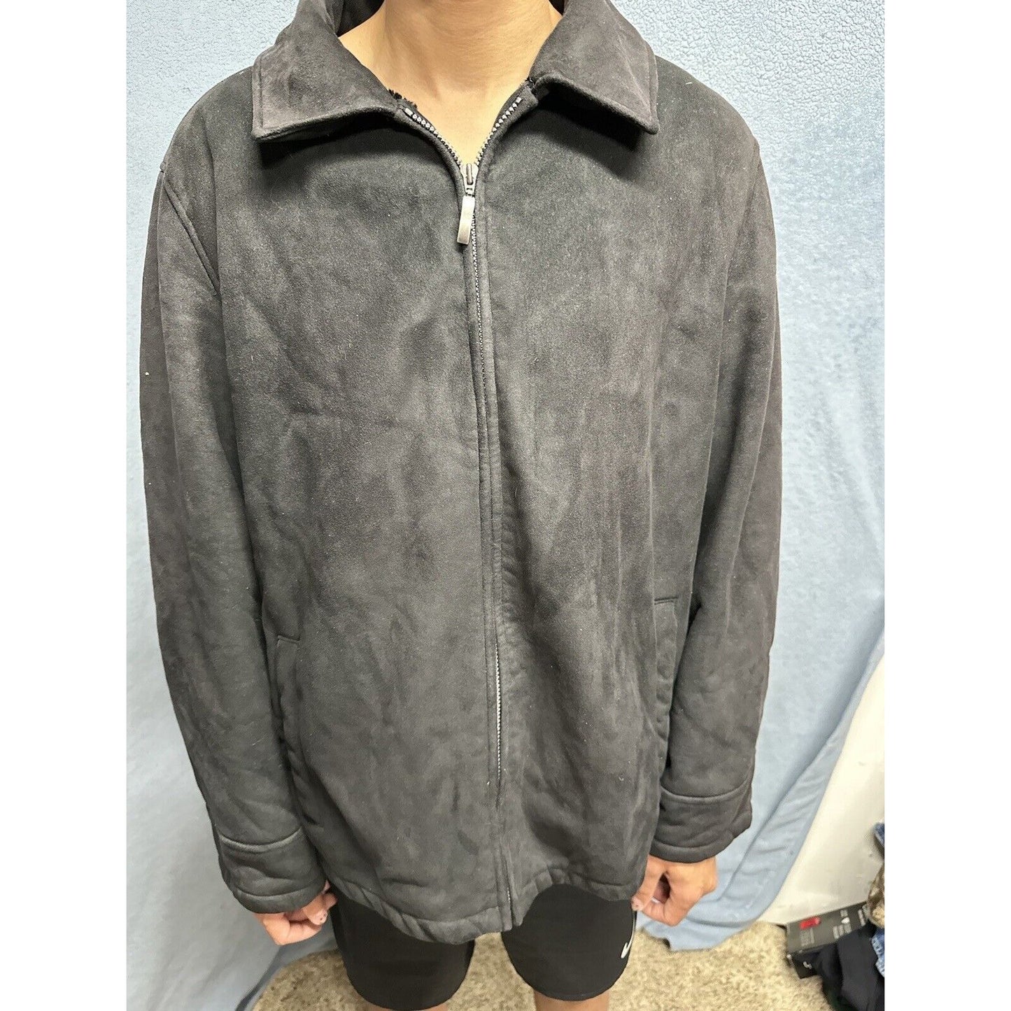 Men’s Perry Ellis Portfolio XXL Black Zip Up Faux Suede Faux Fur