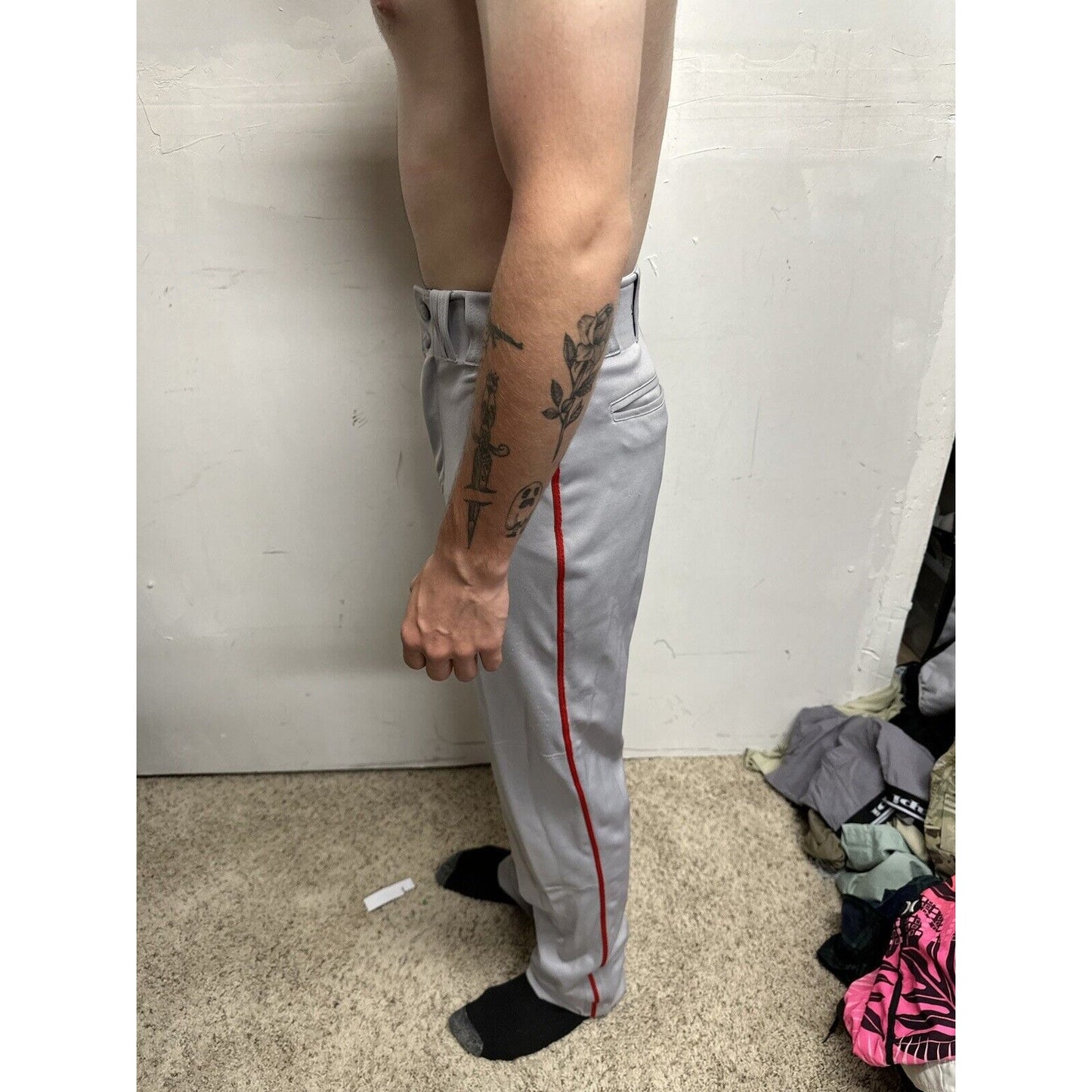 Men’s Chanmpro Adult Small Gray Baseball Pants Red Stripe