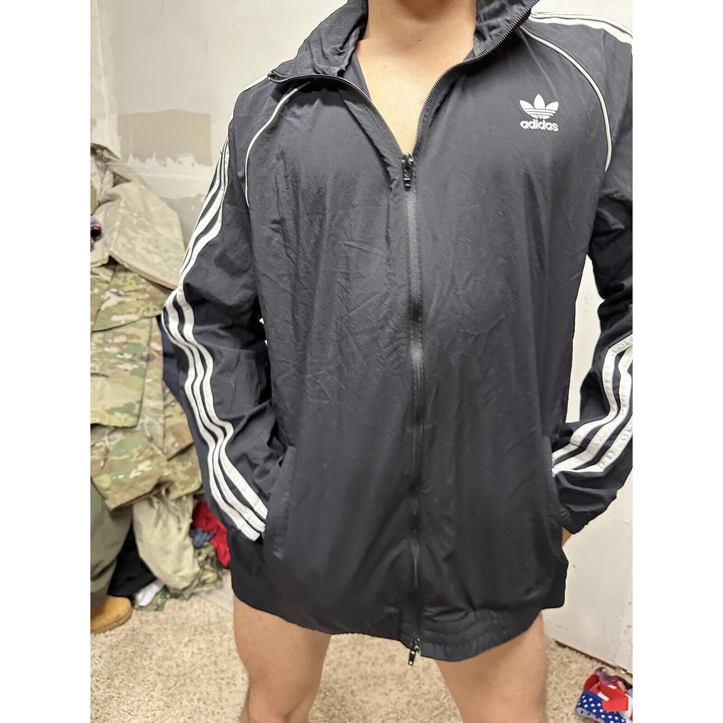 Adidas Men's Full Zip Hoodie Black /White Stripe