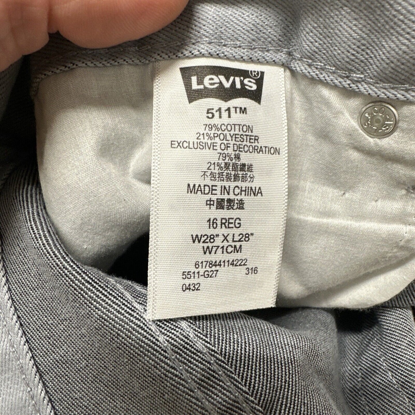 Boy’s 16 Regular 28 X 28 Levi’s Grey 511 Jeans Pants