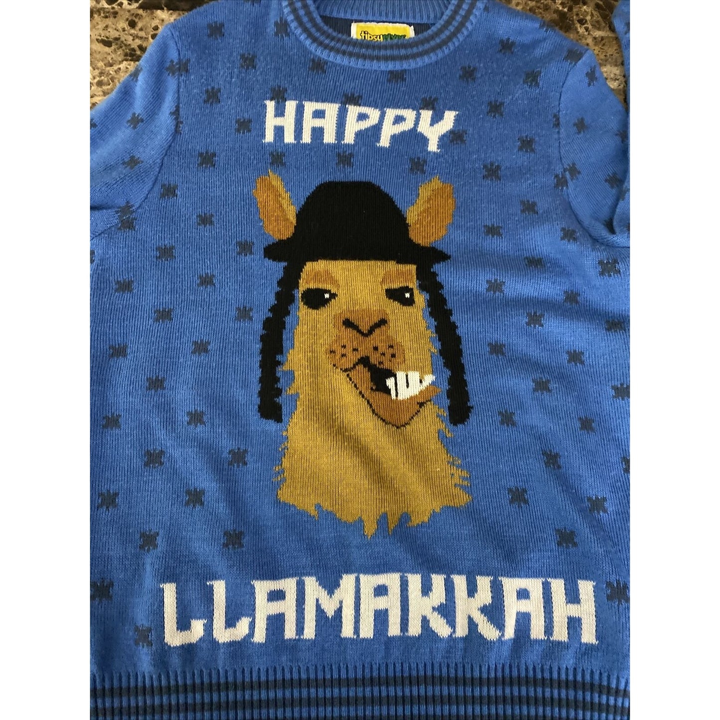 Tipsy Elves Men’s Large Blue “Happy Llamakkah” Holiday Acrylic Pullover Sweater