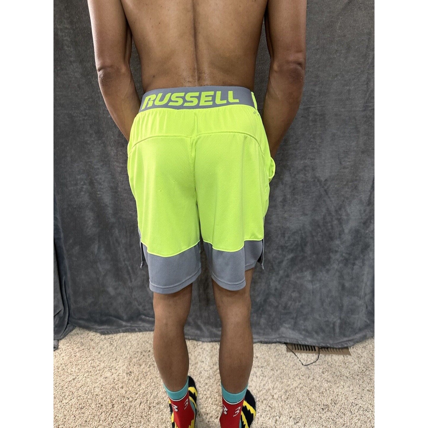 Men’s Neon Yellow Russell Athletic Shorts Zippered Pockets Medium