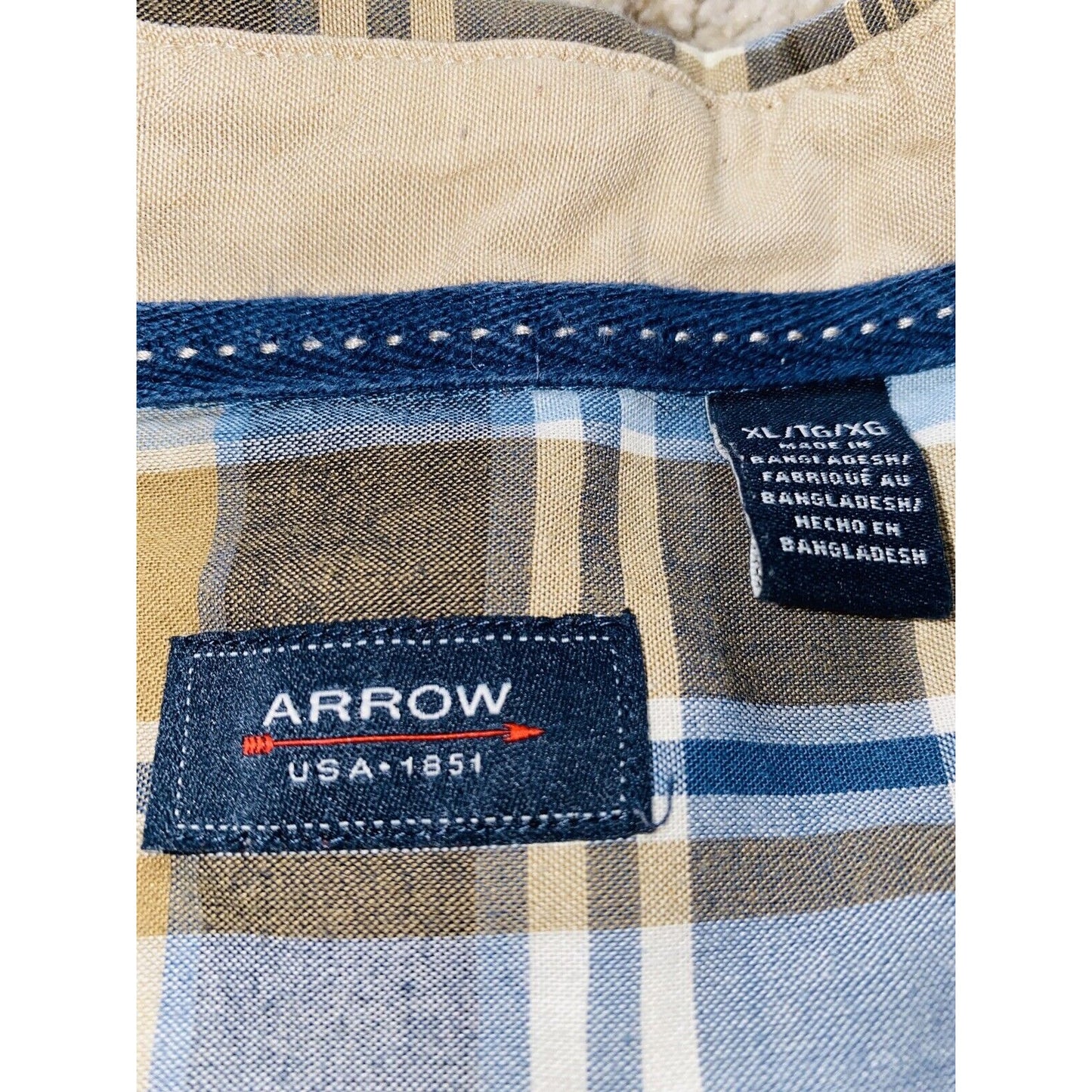 Vtg ARROW Blue Brown Tartan Plaid Button-down Long Sleeves Shirt Men's XL