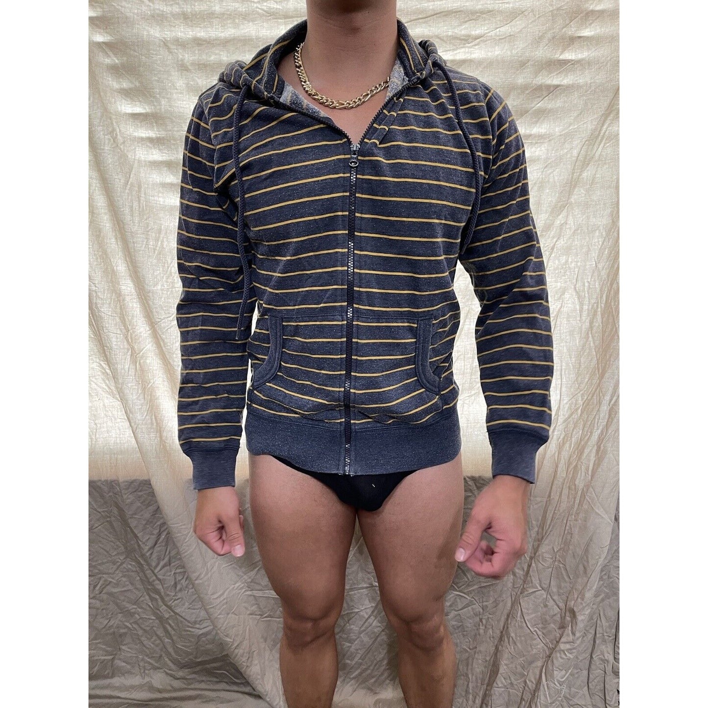 men's old navy small full zip hoodie bluish Gray With yellow stripes