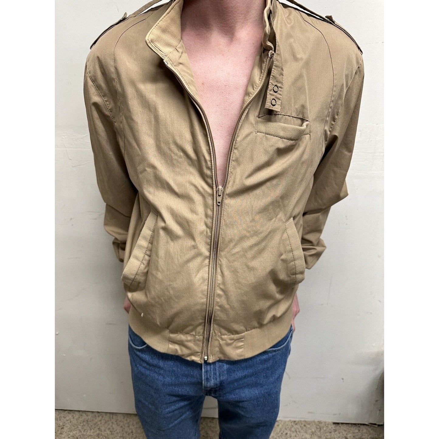 men’s beige tan aberdeen large zipper jacket polyester cotton