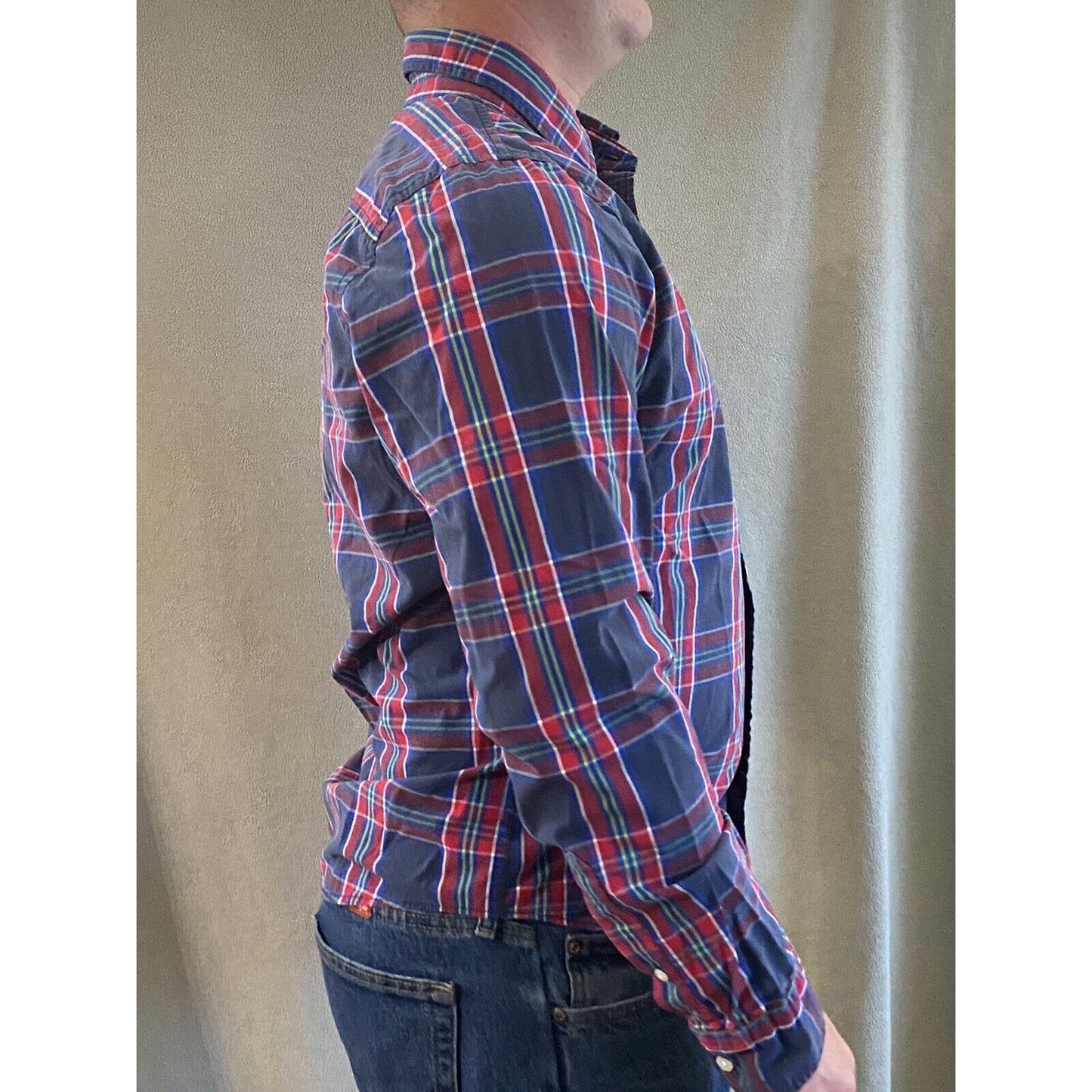 Hollister Men’s Large Blue Red Plaid Cotton Button-down Long Sleeves