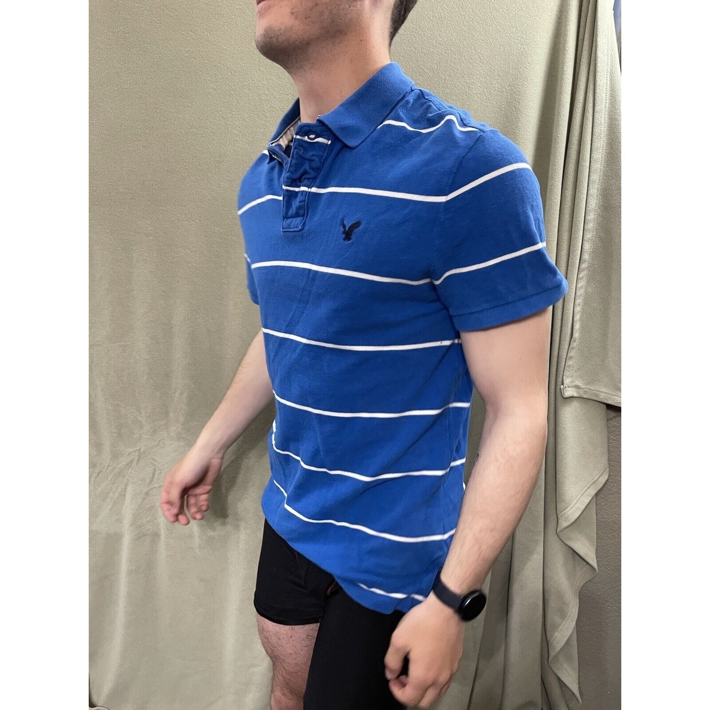 American Eagle Mens Polo Shirt Medium M Blue White Striped Short Sleeves Vintage