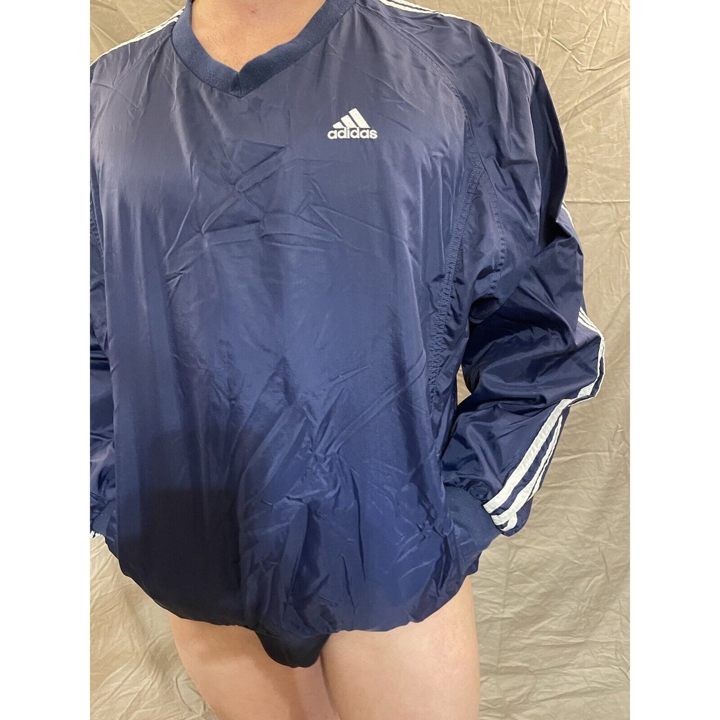 Blue Adidas Mens Team Windbreaker Sz. Large Striped Pullover