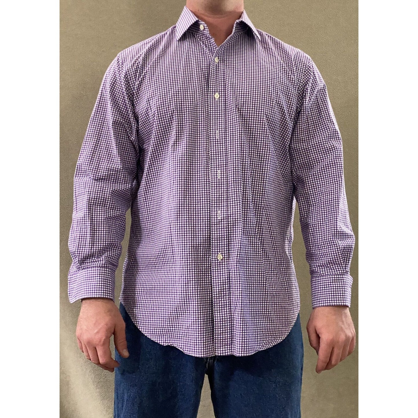 Polo Ralph Lauren Men’s Sz 16 1/2 Classic Fit Purple Gingham Plaid Long Sleeves