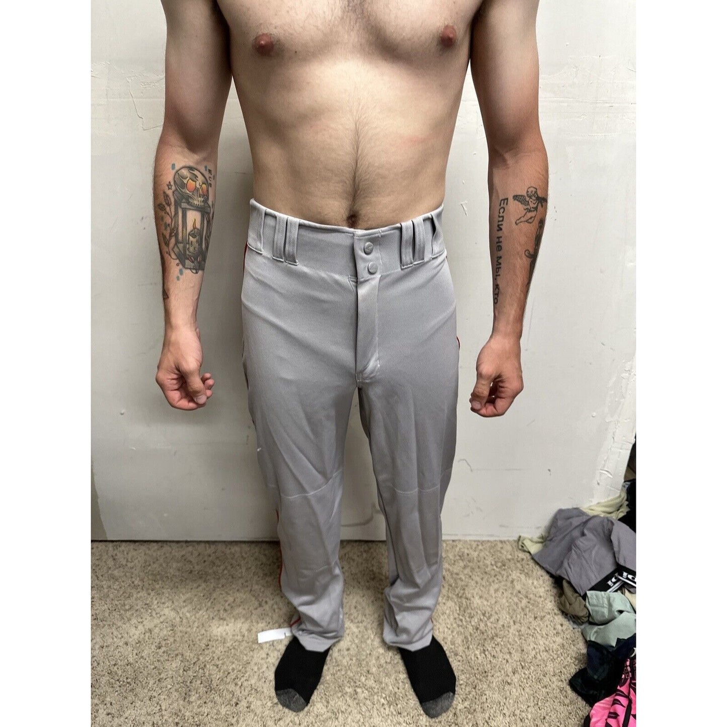 Men’s Chanmpro Adult Medium Gray Baseball Pants Red Stripe
