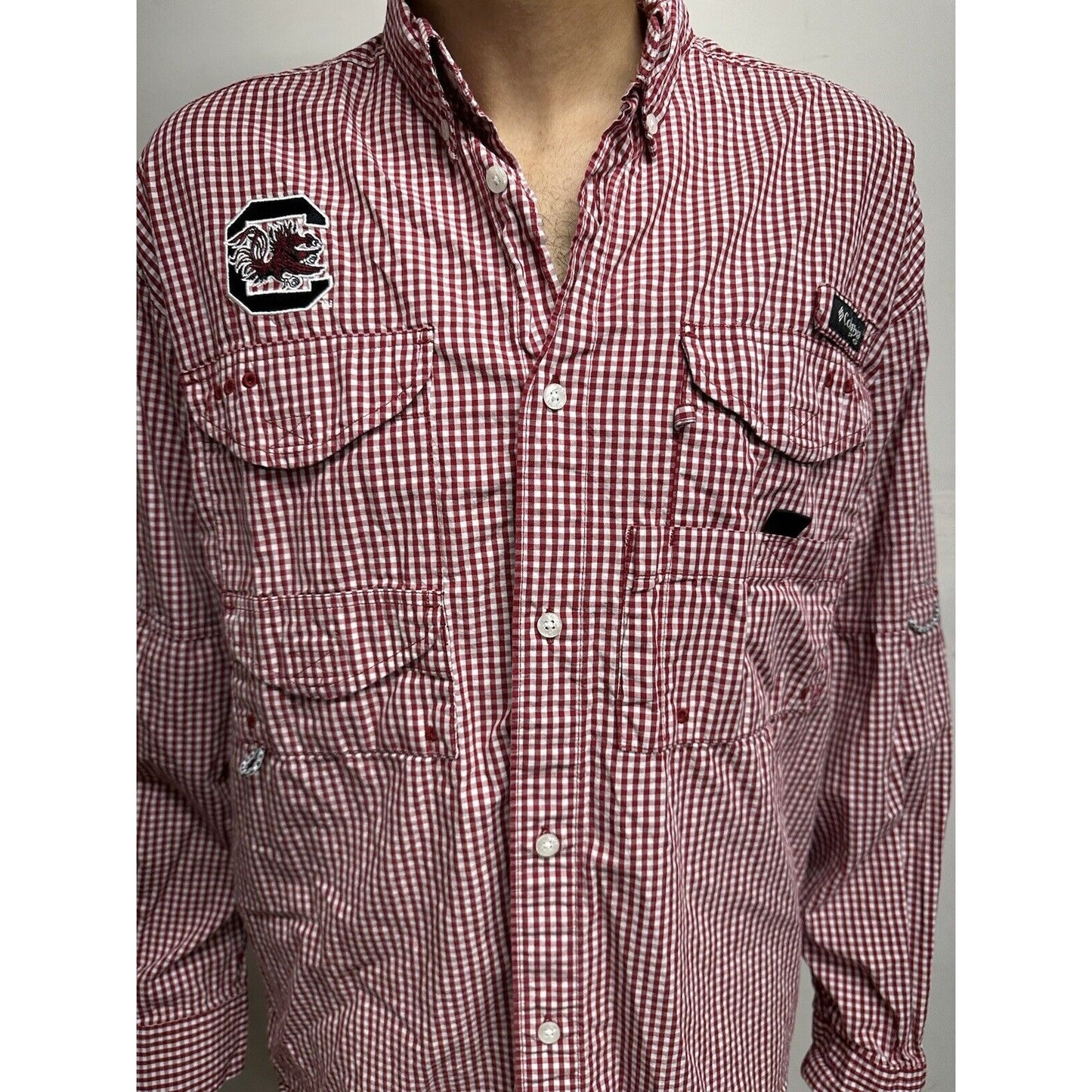 Men’s Red And White Checkered Columbia Super Bonehead Medium Gamecocks Shirt