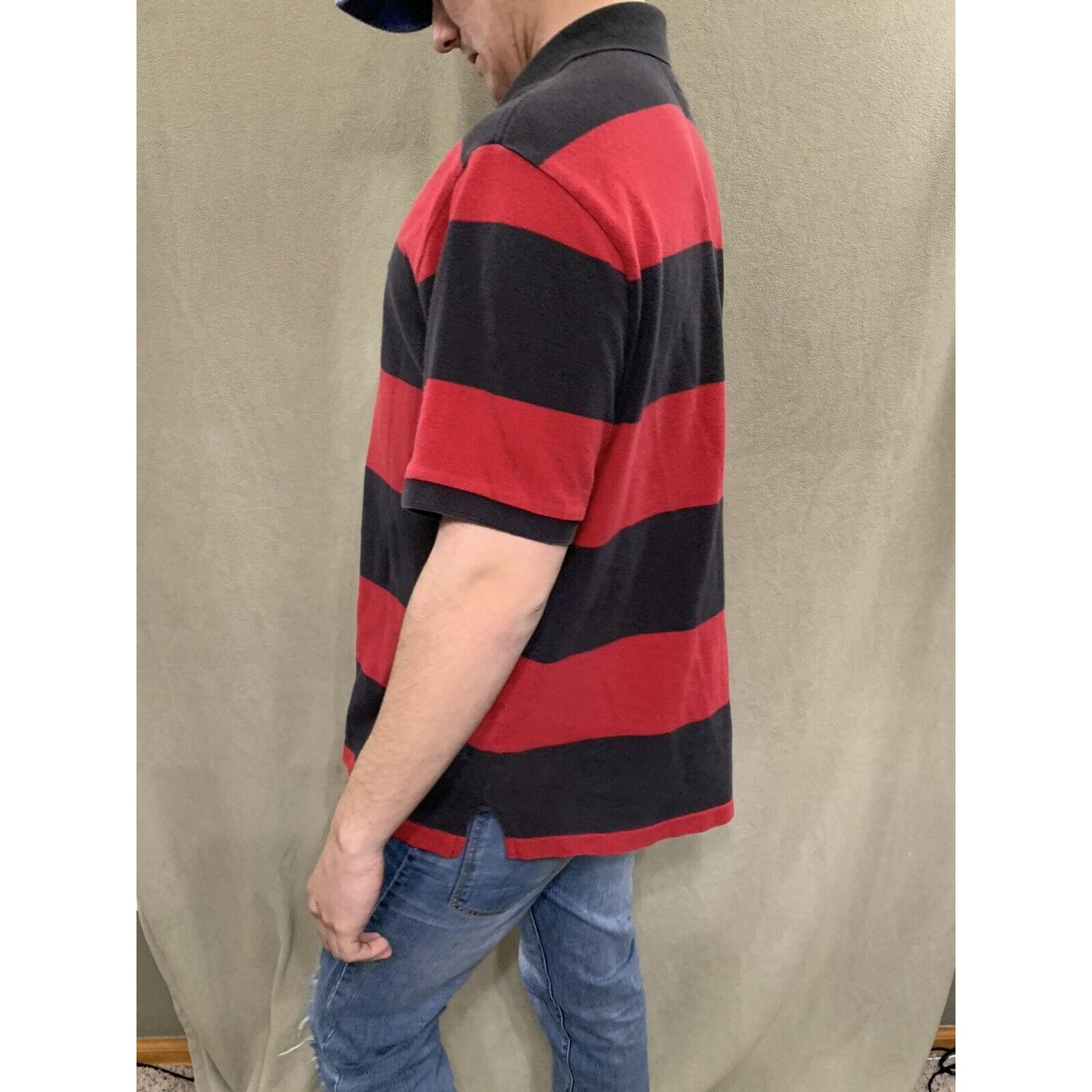 Mens American Eagle Logo Red & Black Striped Polo Short Sleeve Shirt Large