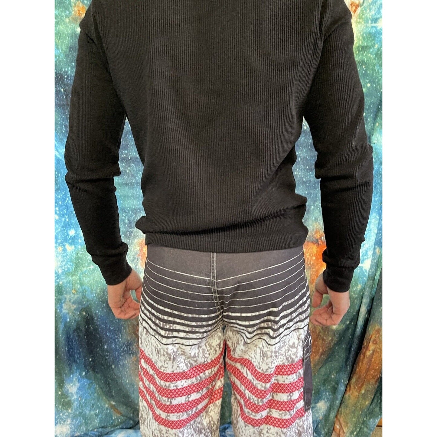 NONWE Mens Board Shorts Sz 30 Black Red Stripes Swim trunks