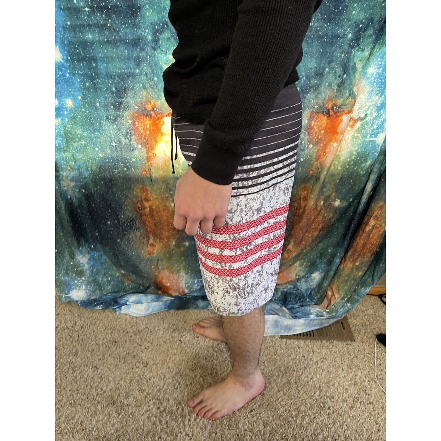 NONWE Mens Board Shorts Sz 30 Black Red Stripes Swim trunks