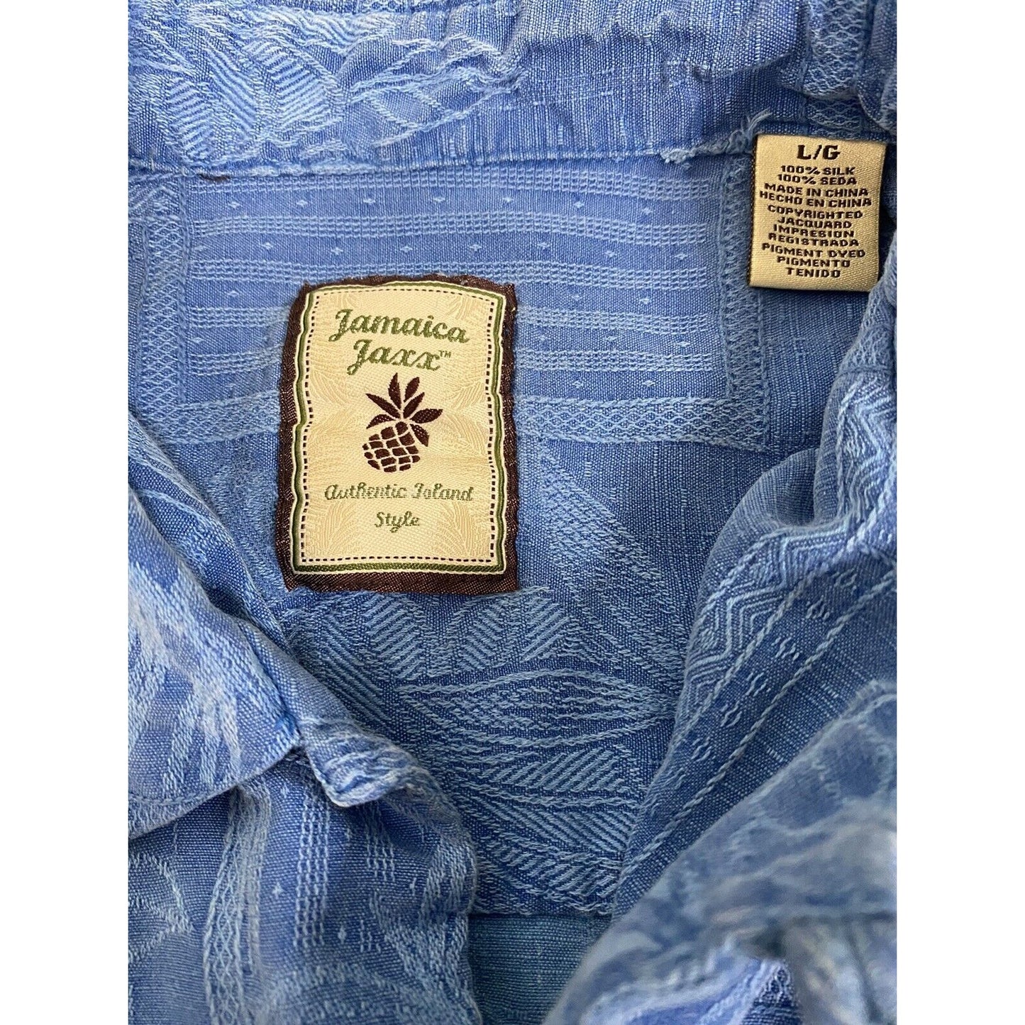 Jamaican Jaxx Silk Island Shirt Mens Size L Button-down Blue Pineapple Print