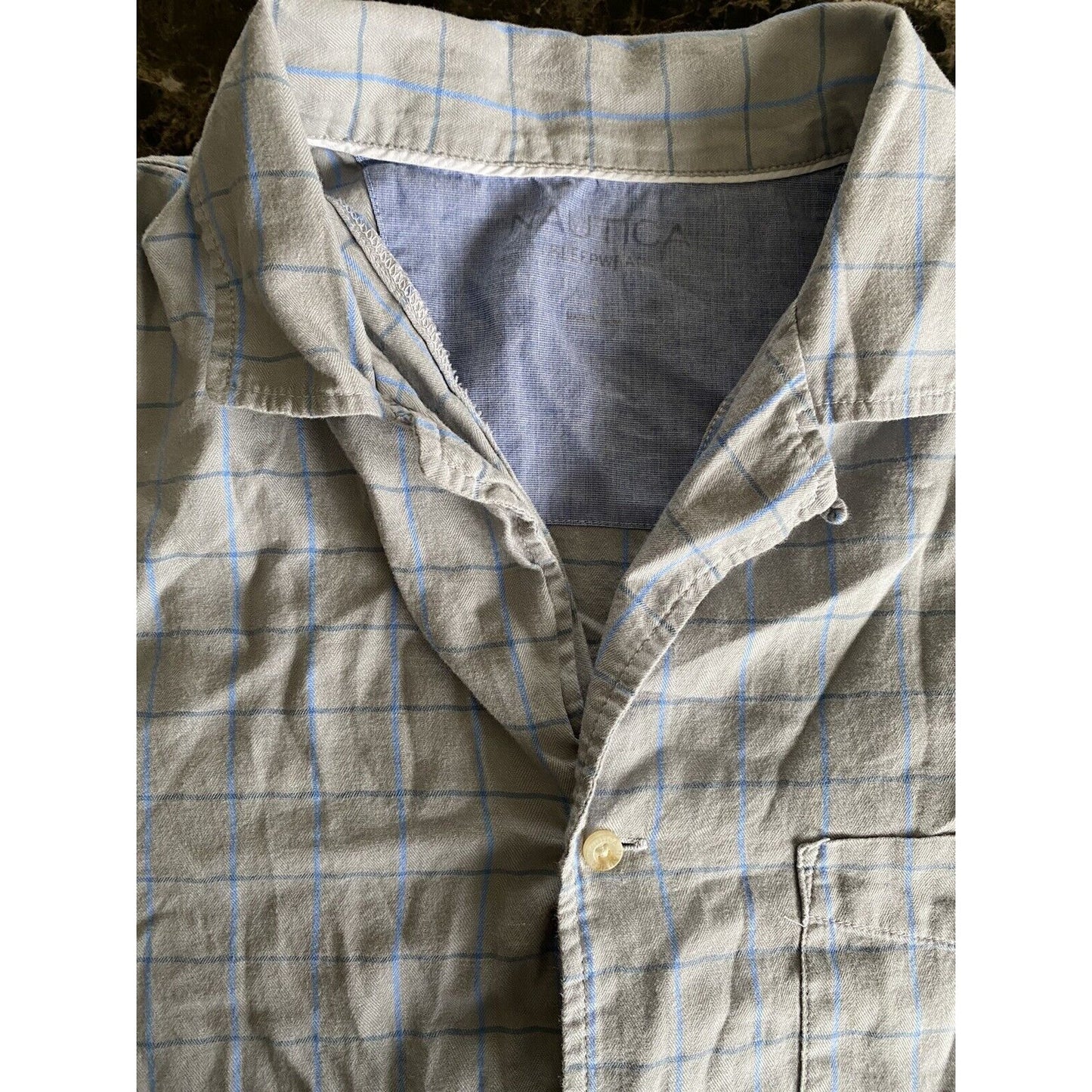 Nautica Sleepwear Gray Blue Plaid Men’s Large Cotton Button-down Shirt